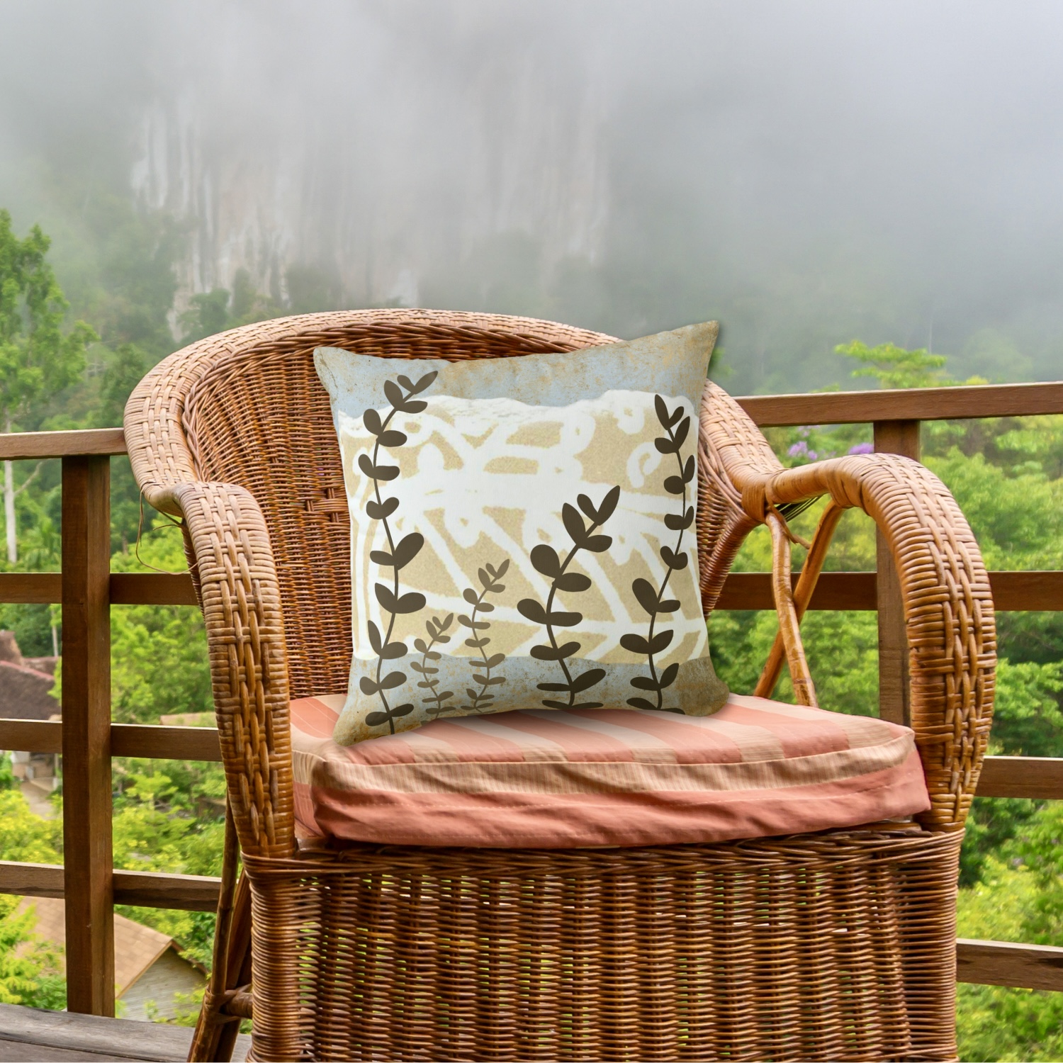 Boho style throw pillow with earthy colors leafs, and soft blue hues. 