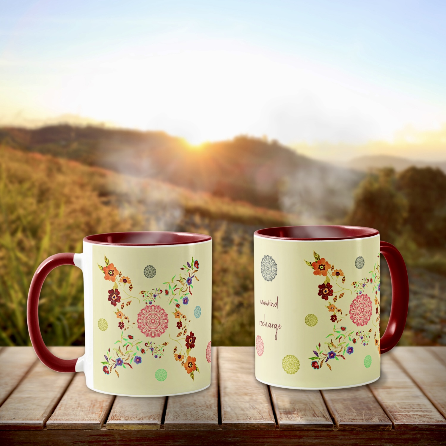 Serene coffee mug featuring intricate watercolor flower designs and a coral-toned mandala, evoking elegance and tranquility.