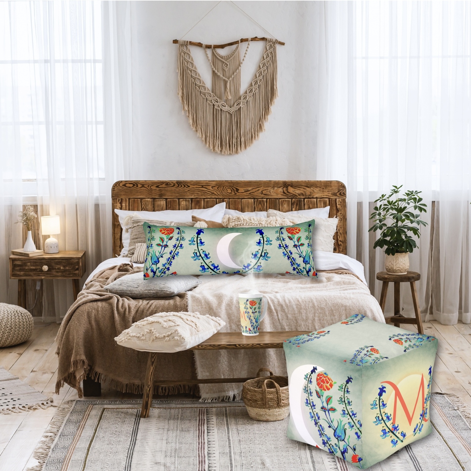 Embrace vintage elegance with our Antique Floral Monogram Collection, featuring a Cube Pouf, Body Pillow, and Latte Mug adorned with delicate floral patterns in shades of blue, green, and red. Each piece offers timeless charm and sophistication, creating a cozy and inviting atmosphere in any space.