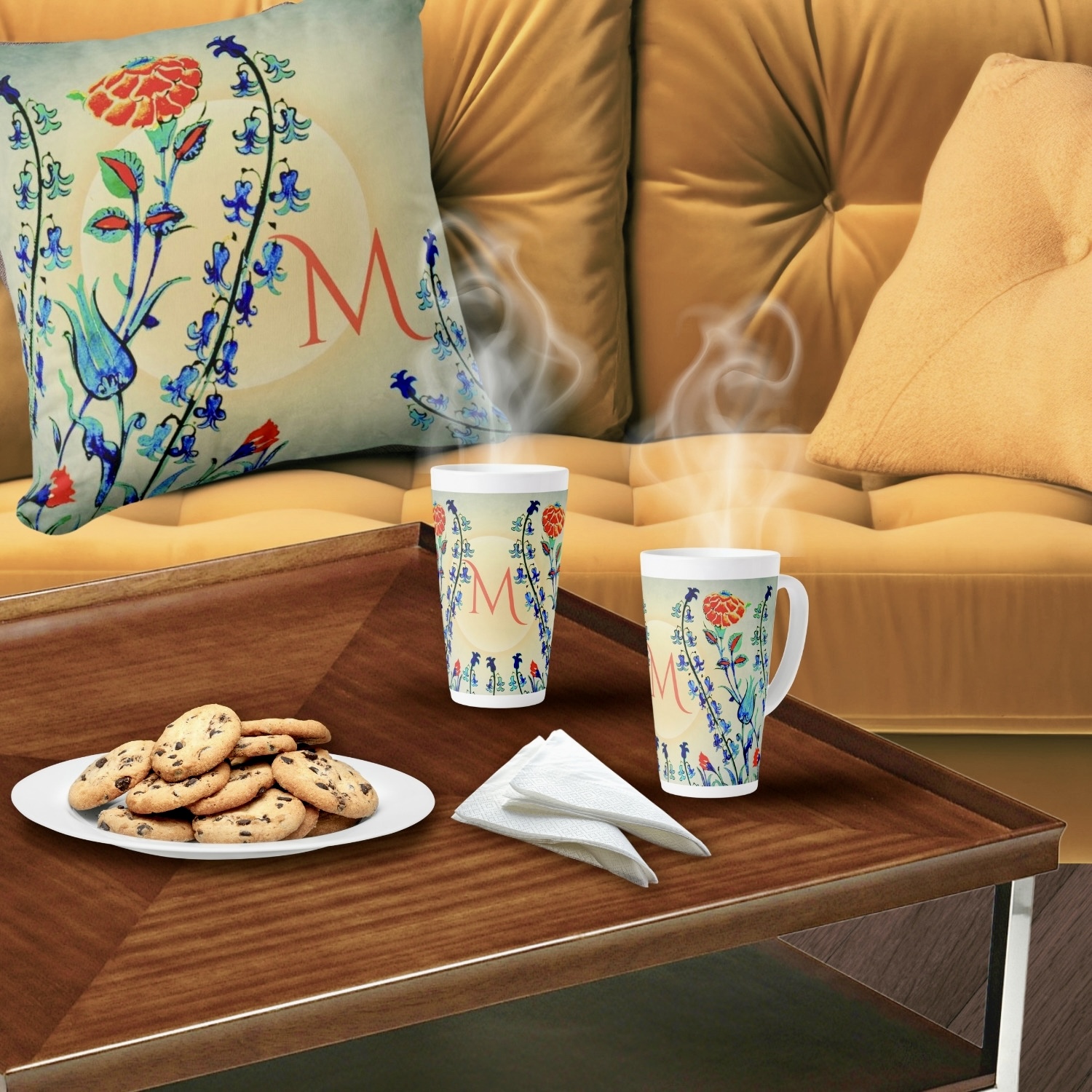 A vintage-style floral pillow and matching mug featuring nostalgic flower patterns in vibrant green, blue and red colors, evoking feelings of warmth, comfort, and nostalgia.