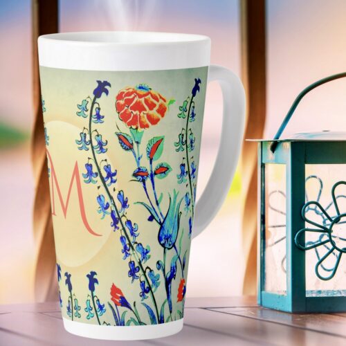 Antique Floral Monogram Latte Mug with delicate blue, green, and red floral patterns, adding vintage charm and elegance to any beverage experience.