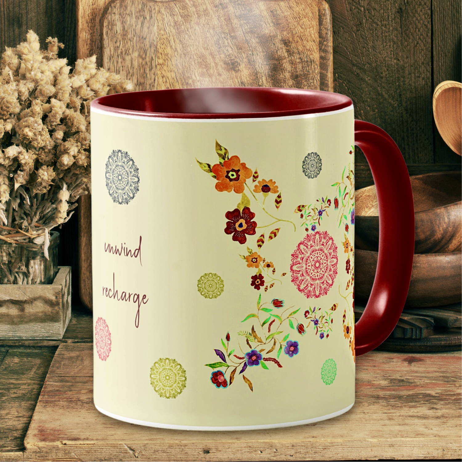 Mug featuring a serene design inspired by delicate watercolor flowers and a coral-toned mandala, evoking elegance and tranquility. 
