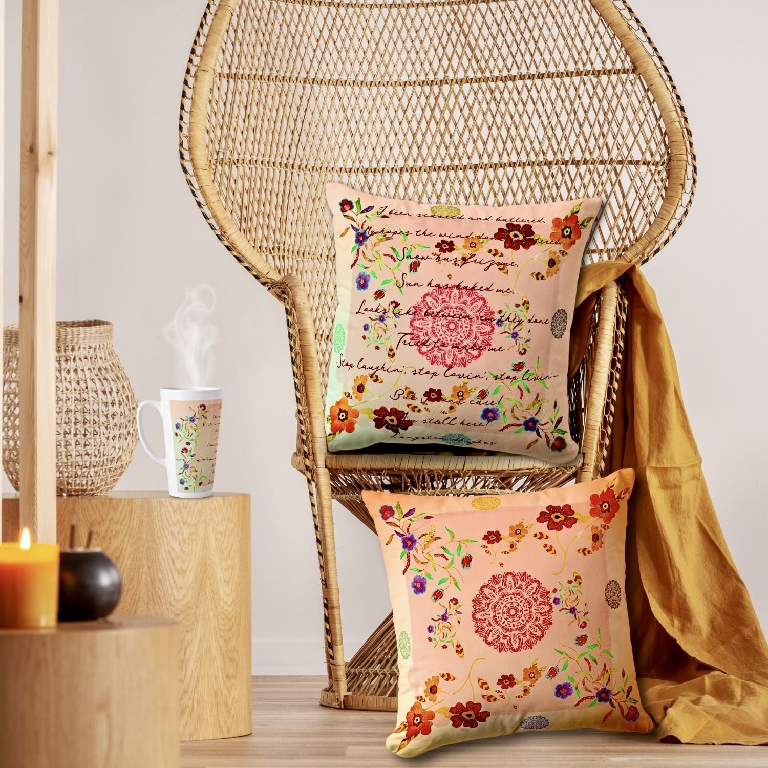 Tranquil mug and matching throw pillow adorned with delicate watercolor flower designs and featuring an excerpt from Langston Hughes' poem 'Still Here'.