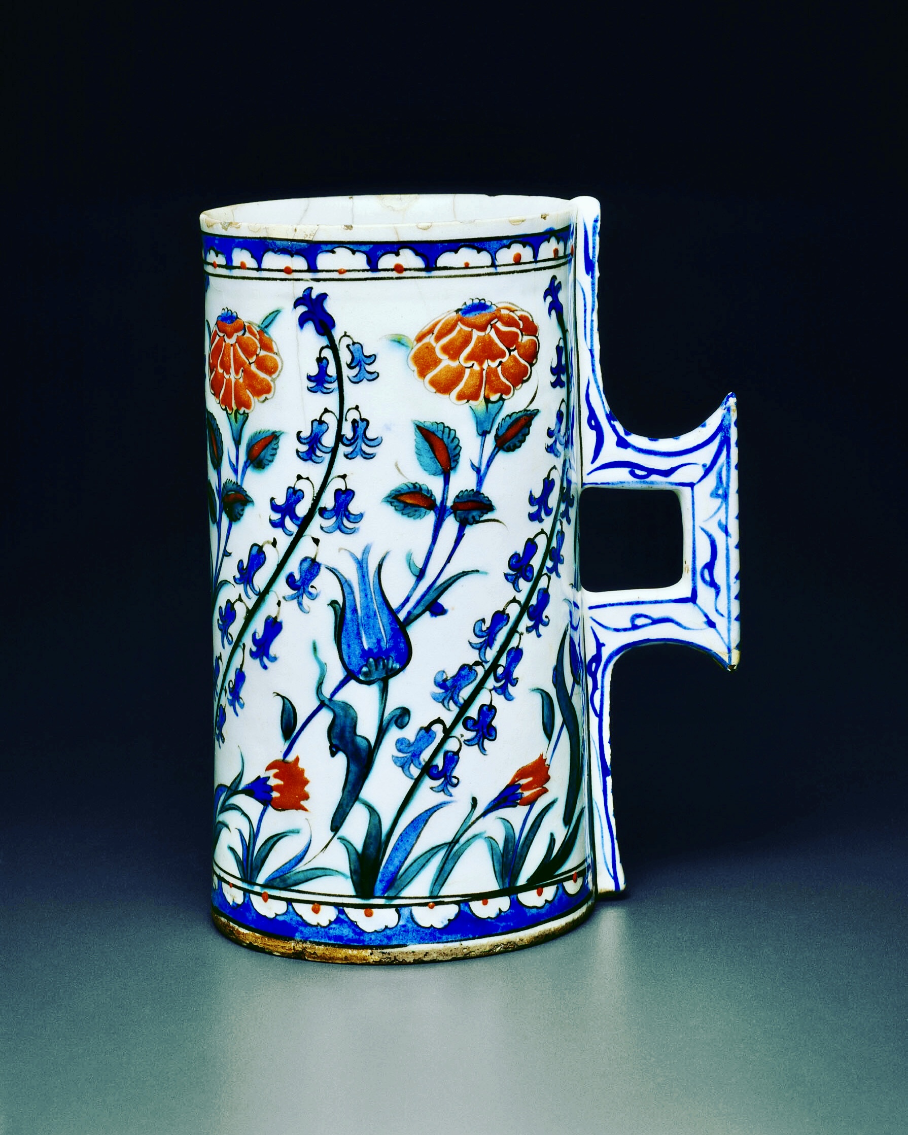 Tankard (Hanap) with Tulips, Hyacinths, Roses, and Carnations, from the Art Institute of Chicago, depicting intricate floral motifs inspired by Ottoman Dynasty artistry in the sixteenth century.