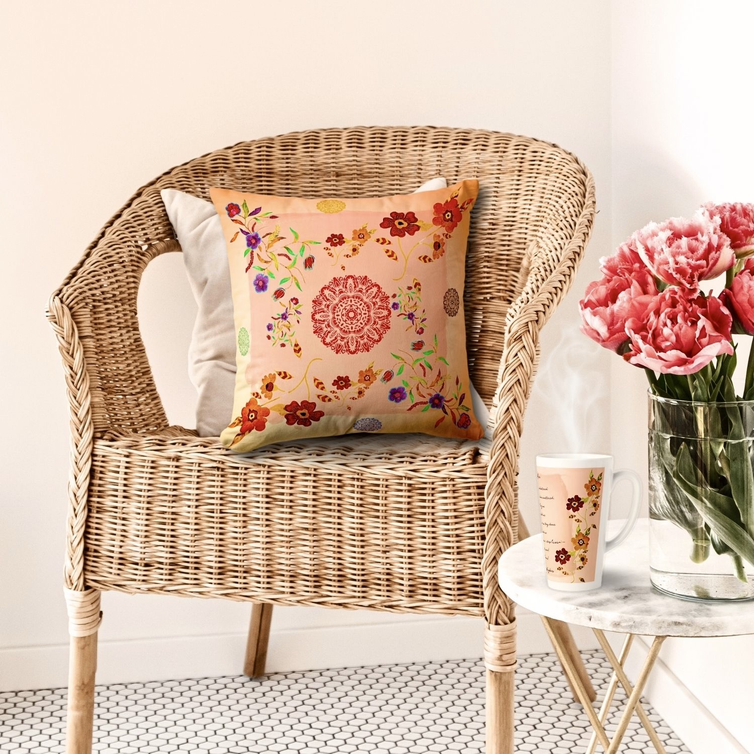 Boho style mug and throw pillow set featuring serene watercolor flower designs, inspired by Langston Hughes' poem 'Still Here.' Personalize with initial for added charm.