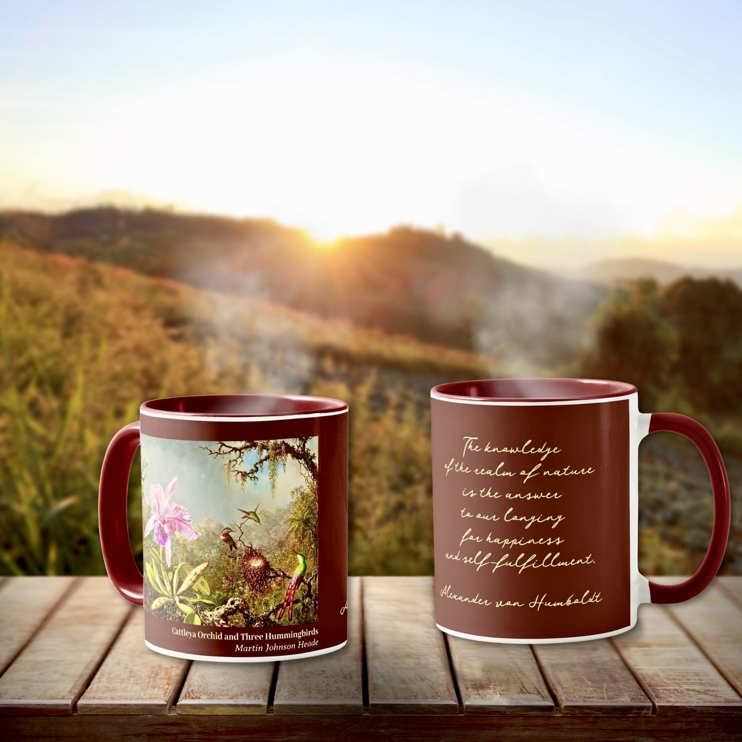 Morning Serenity Mug: Ceramic mug with 'Cattleya Orchid and Three Hummingbirds' artwork, infusing elegance and tranquility into your daily ritual.