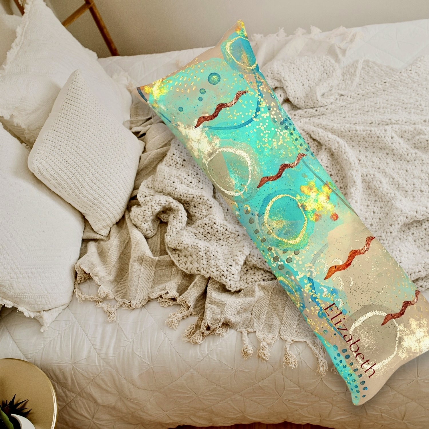 Turquoise Golden Body Pillow: Experience the harmonious blend of ancient wisdom and modern comfort.