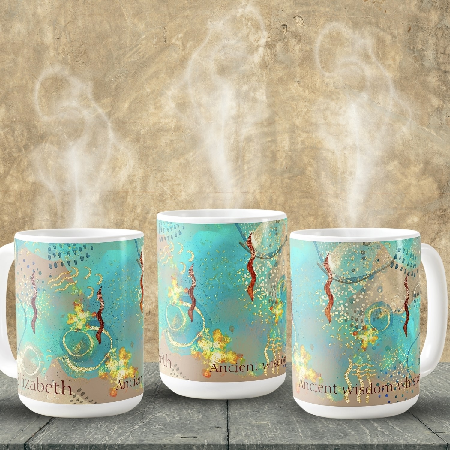 Indigenous-inspired Turquoise Golden Mug: Embrace comfort and tradition with every sip.