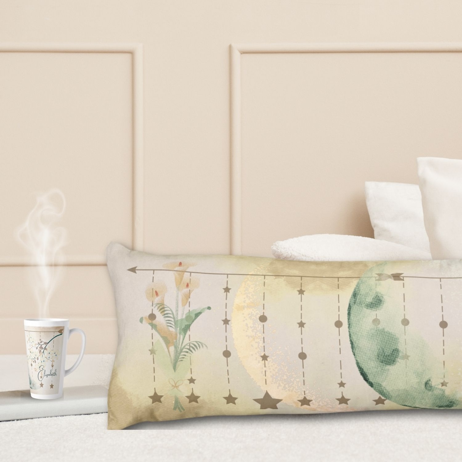 Boho earthy flowers body pillow on cozy space with a latte mug with same tranquil beige and soft blue design.