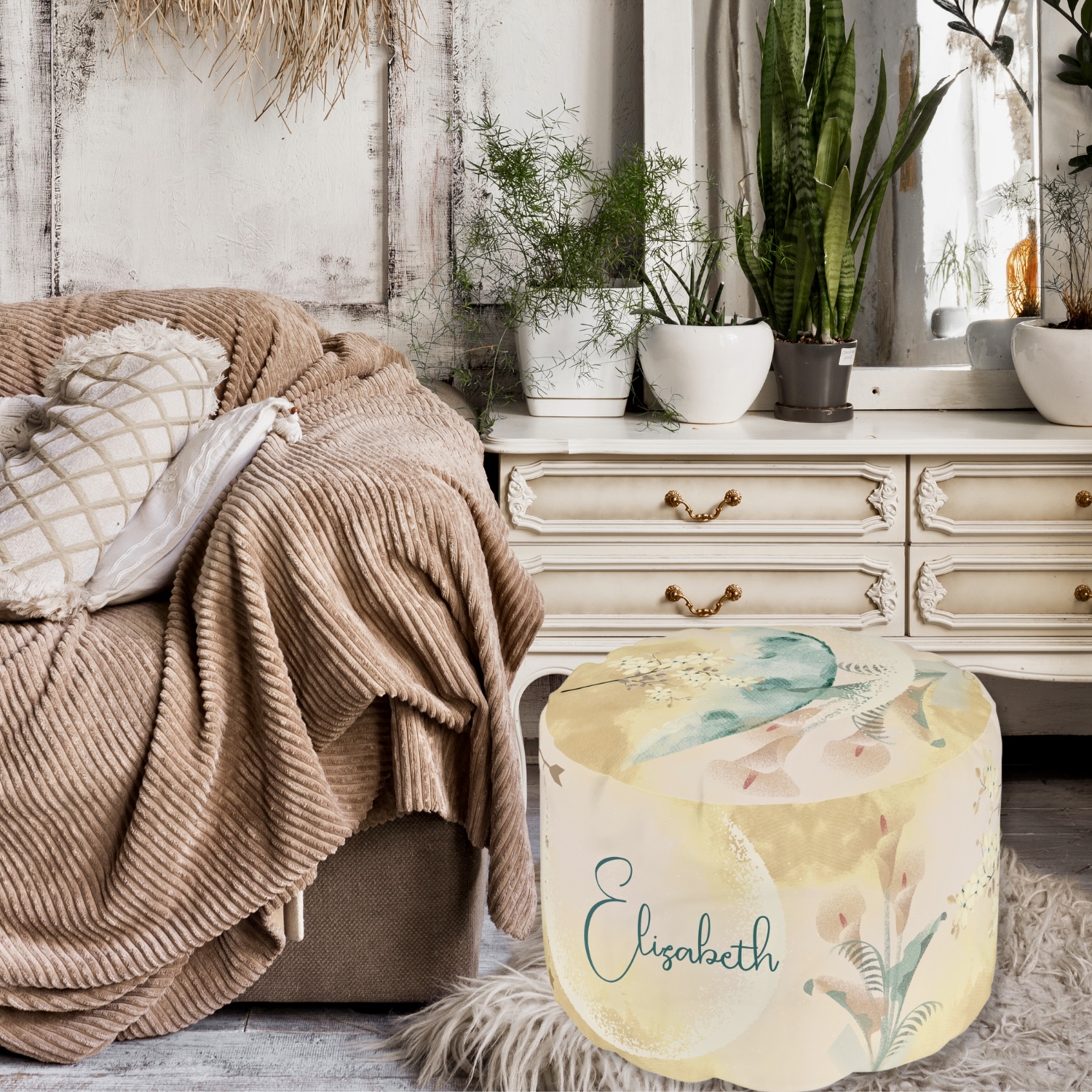 Boho moonlit flowers earthy decorative pouf, showcasing its serene design and intricate floral details.