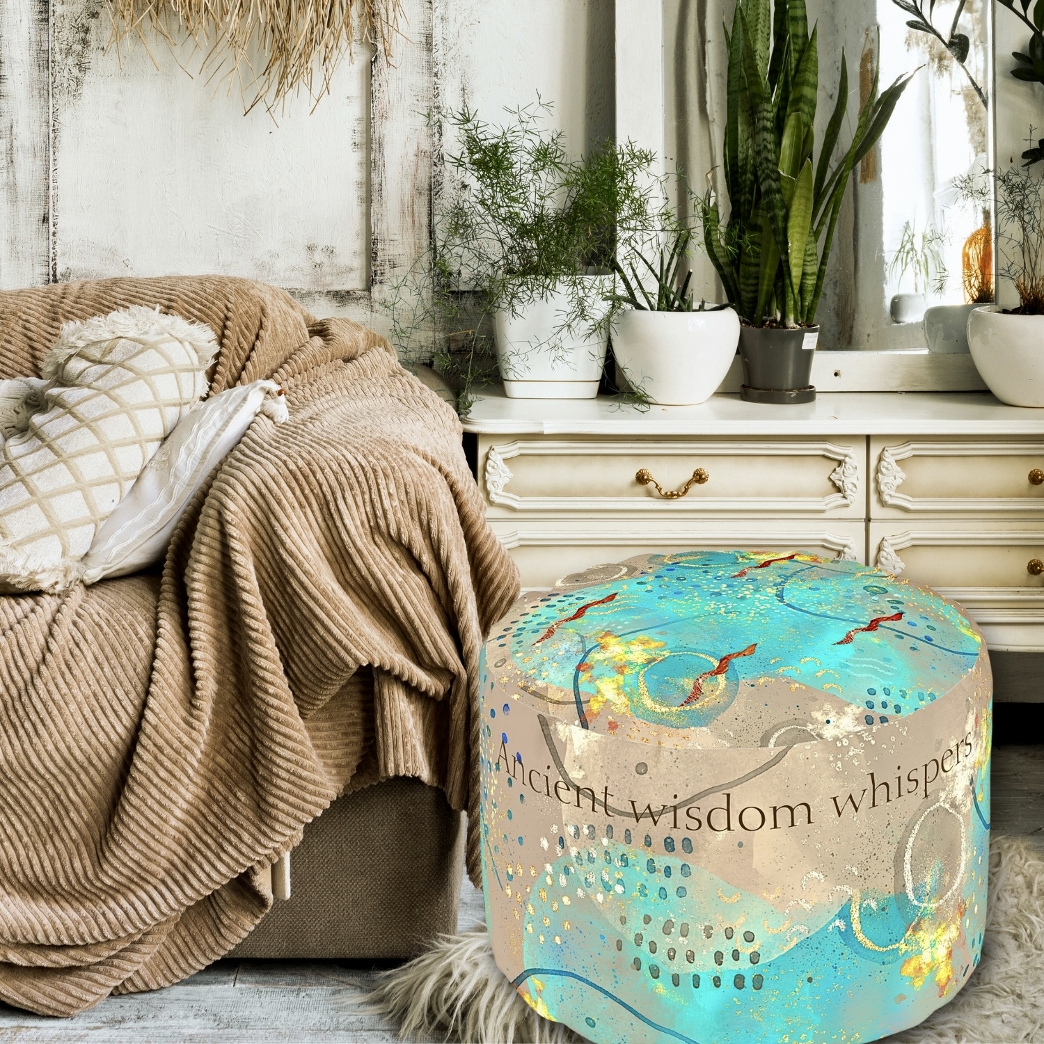 Indigenous-inspired Turquoise Golden Ottoman Pouf: Embrace relaxation with every touch.