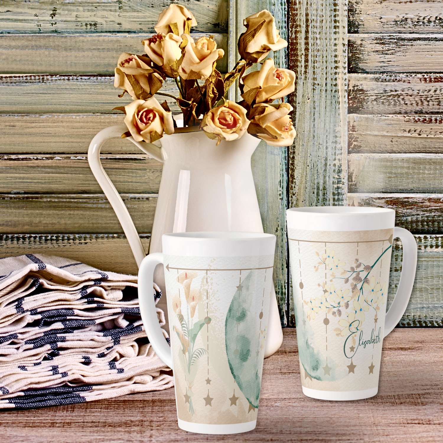 Embrace tranquility with our Moonlit Flowers Decorative Latte Mug. Earthy tones and delicate florals adorn both sides of the mug.