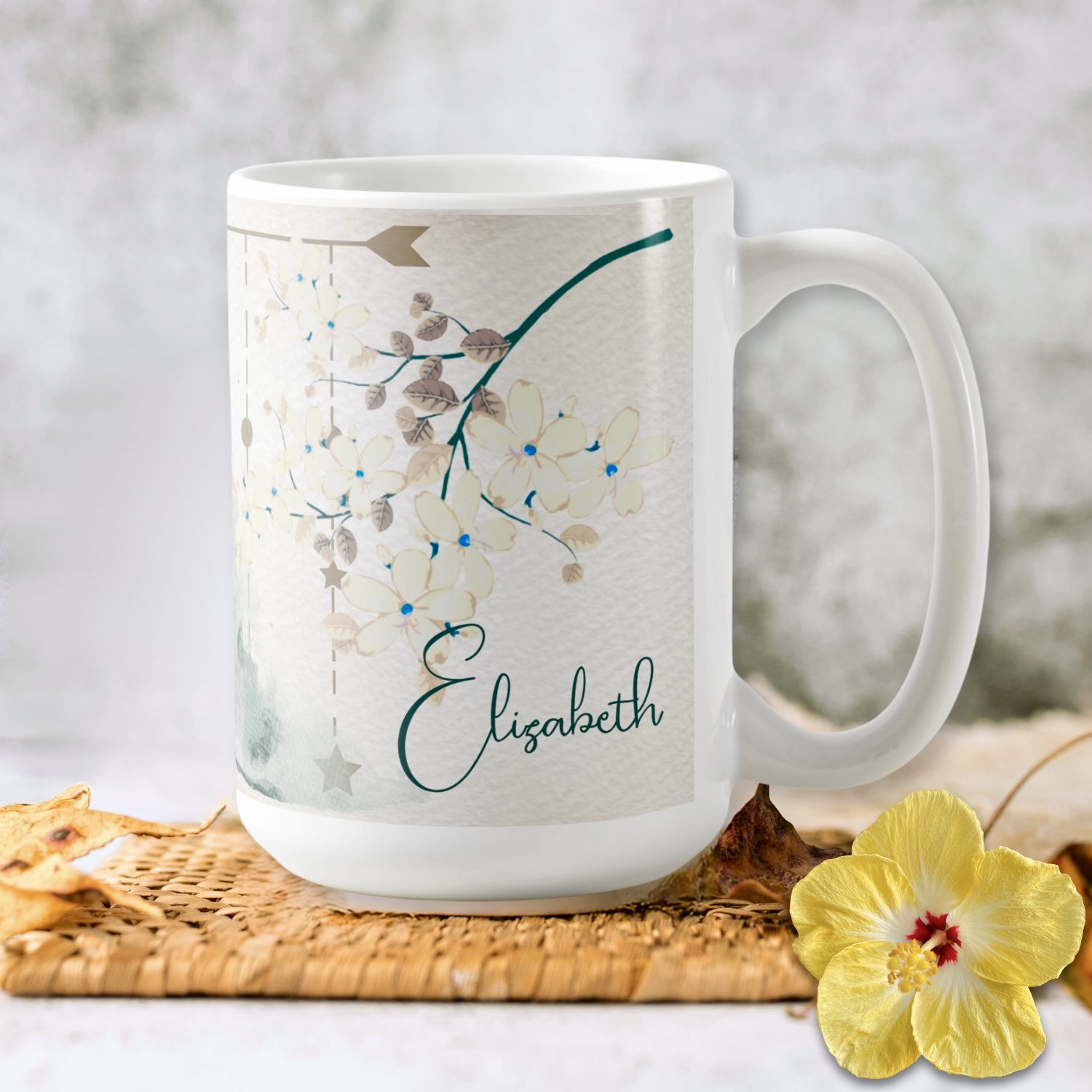 Tranquil Moonlit Flowers Mug featuring soothing earthy tones and delicate floral motifs, perfect for enjoying serene moments.