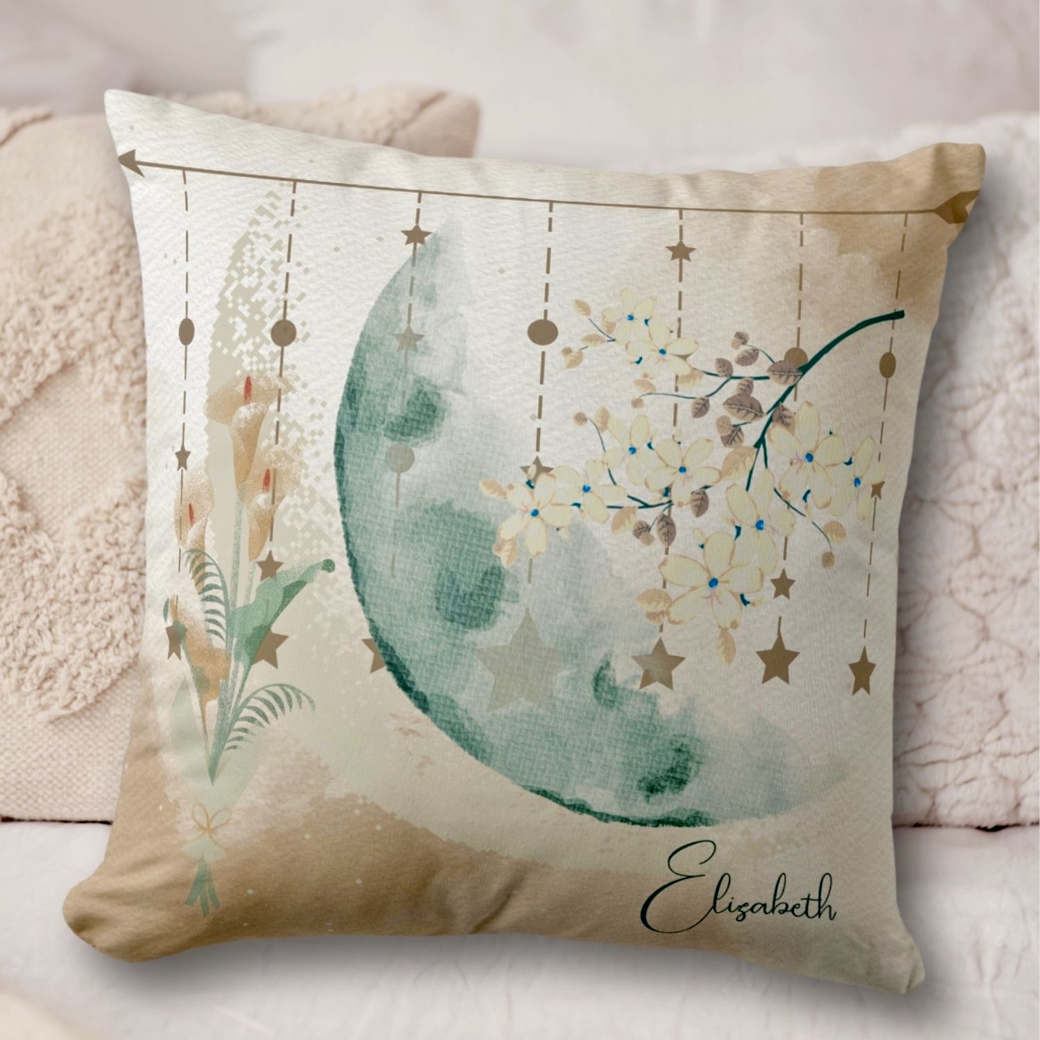 Close-up view of our Moonlit Flowers Decorative Pillow, adding a touch of tranquility to your home decor.