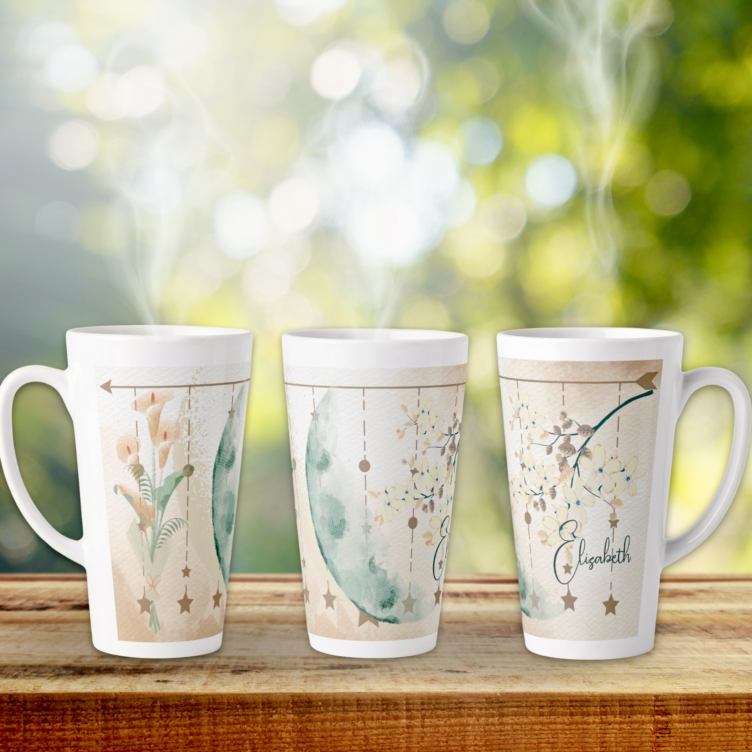Earthy Decorative Flower Latte Mug featuring three captivating sides adorned with delicate floral patterns.