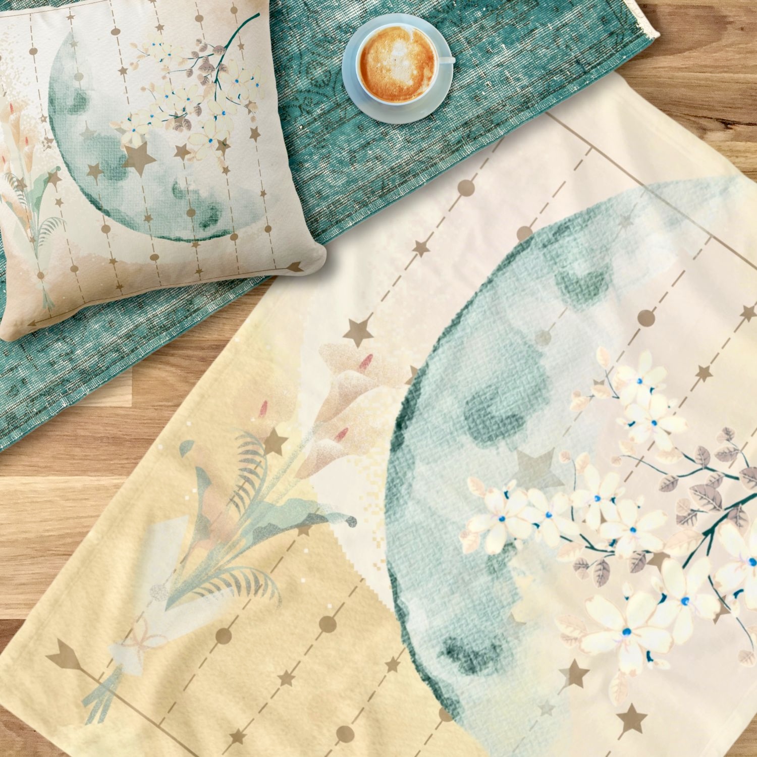 Close-up view of the Earthy Decorative Moonlit Flowers Boho Fleece Blanket, showcasing its intricate floral design and earthy tones.