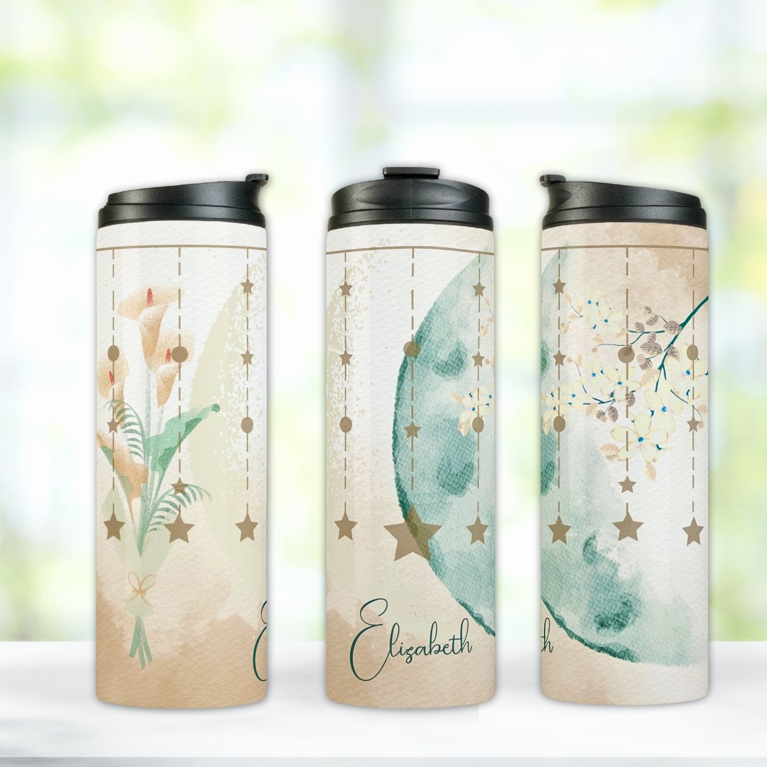 Three-sided view of the Earthy Decorative Moonlit Flowers Boho Thermal Tumbler, showcasing its serene design.
