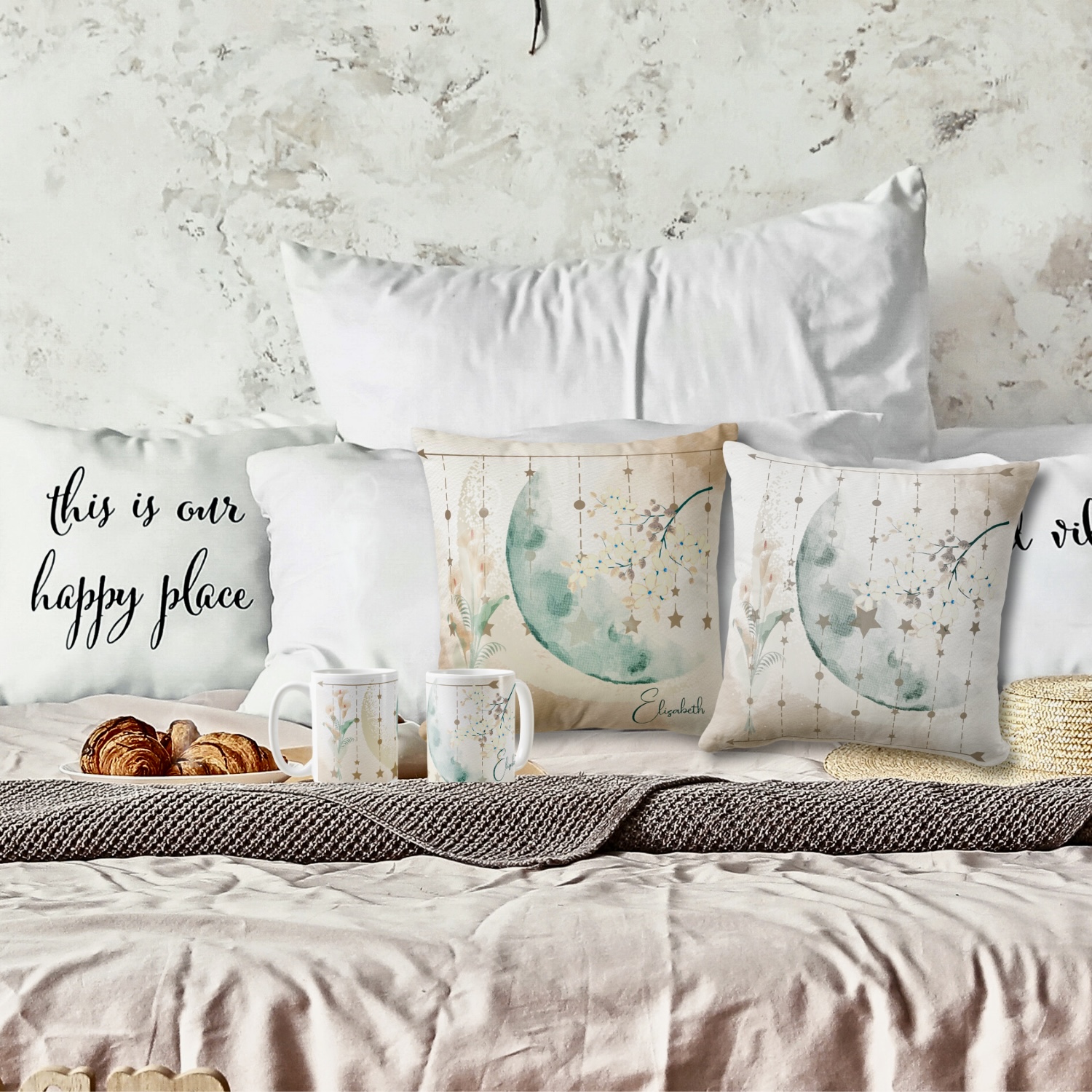 Moonlit Flowers Decorative Mug and Pillow Set on Bed - Crafted with soothing earthy tones and delicate floral details, these pieces create a serene oasis in your space. Embrace self-expression with our charming collection.