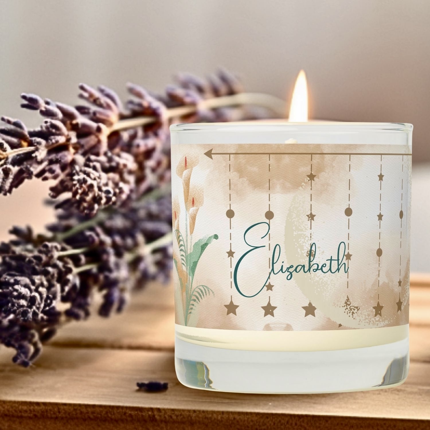 Close-up view of the Earthy Moonlit Flowers Decorative Boho Scented Candle, showcasing its intricate design and soothing aroma.