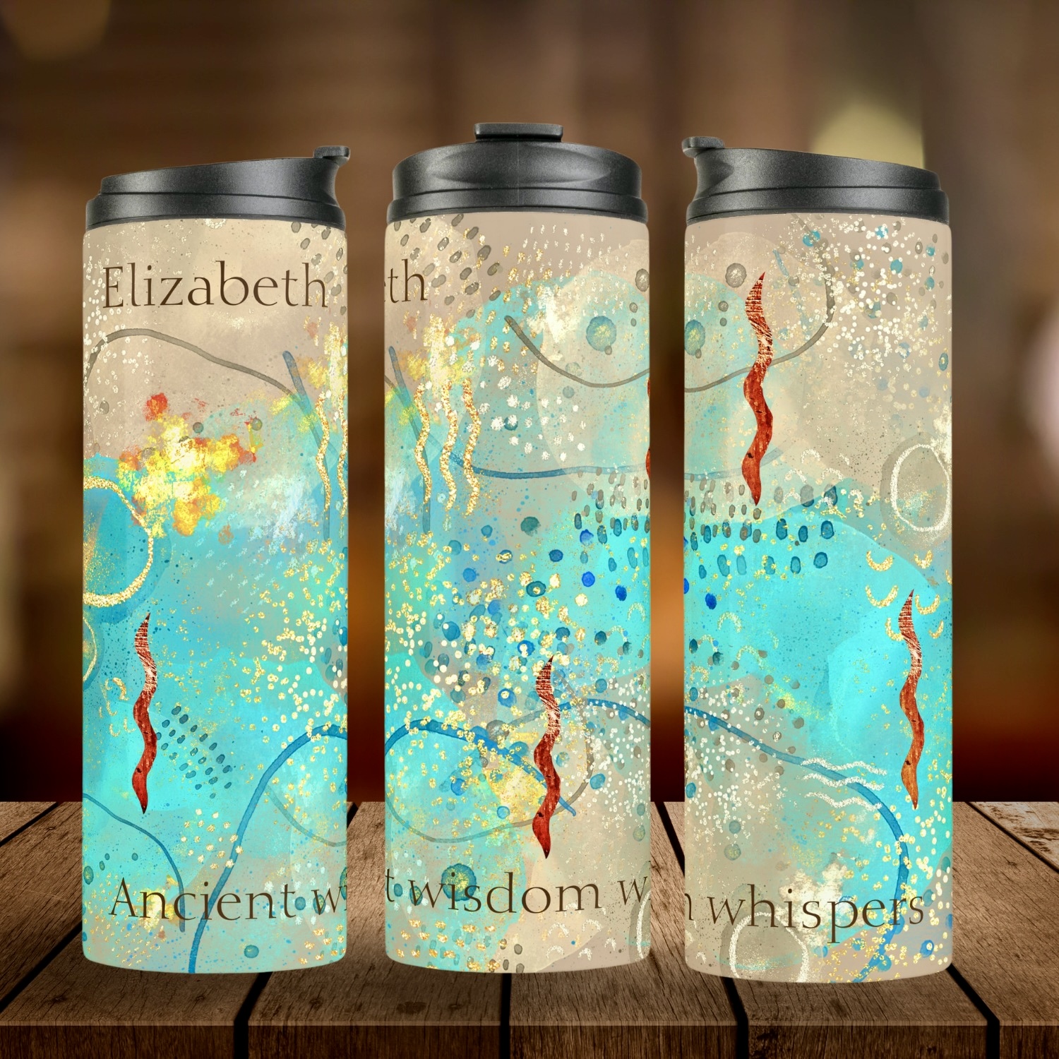 Indigenous-inspired Turquoise And Golden Thermal Tumbler: Keep your beverages hot or cold in timeless elegance.