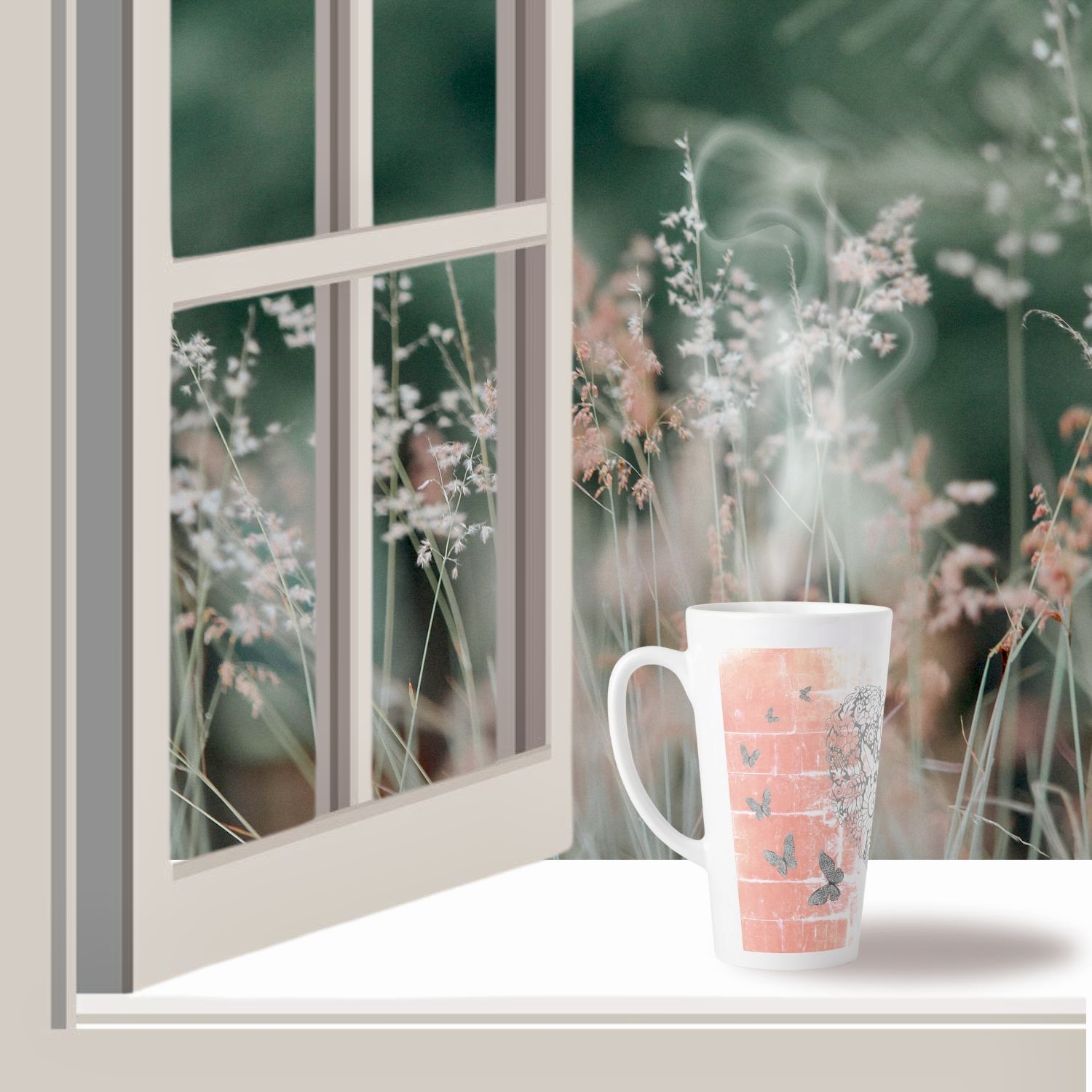 A latte mug standing on the edge of an open window, illuminated by soft natural light.