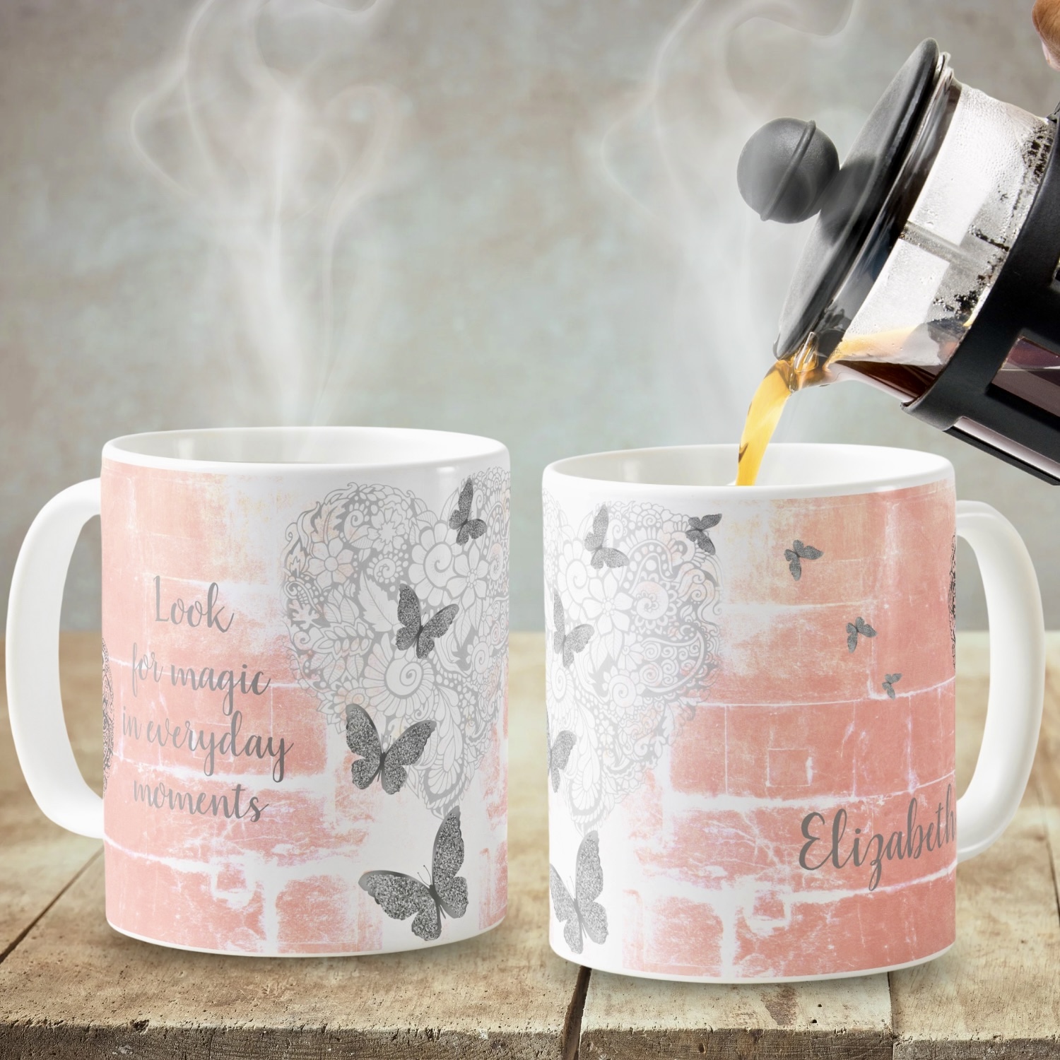 Two sides of a rustic peach mug featuring a gray heart surrounded by silver butterflies, adding charm and elegance to the design.