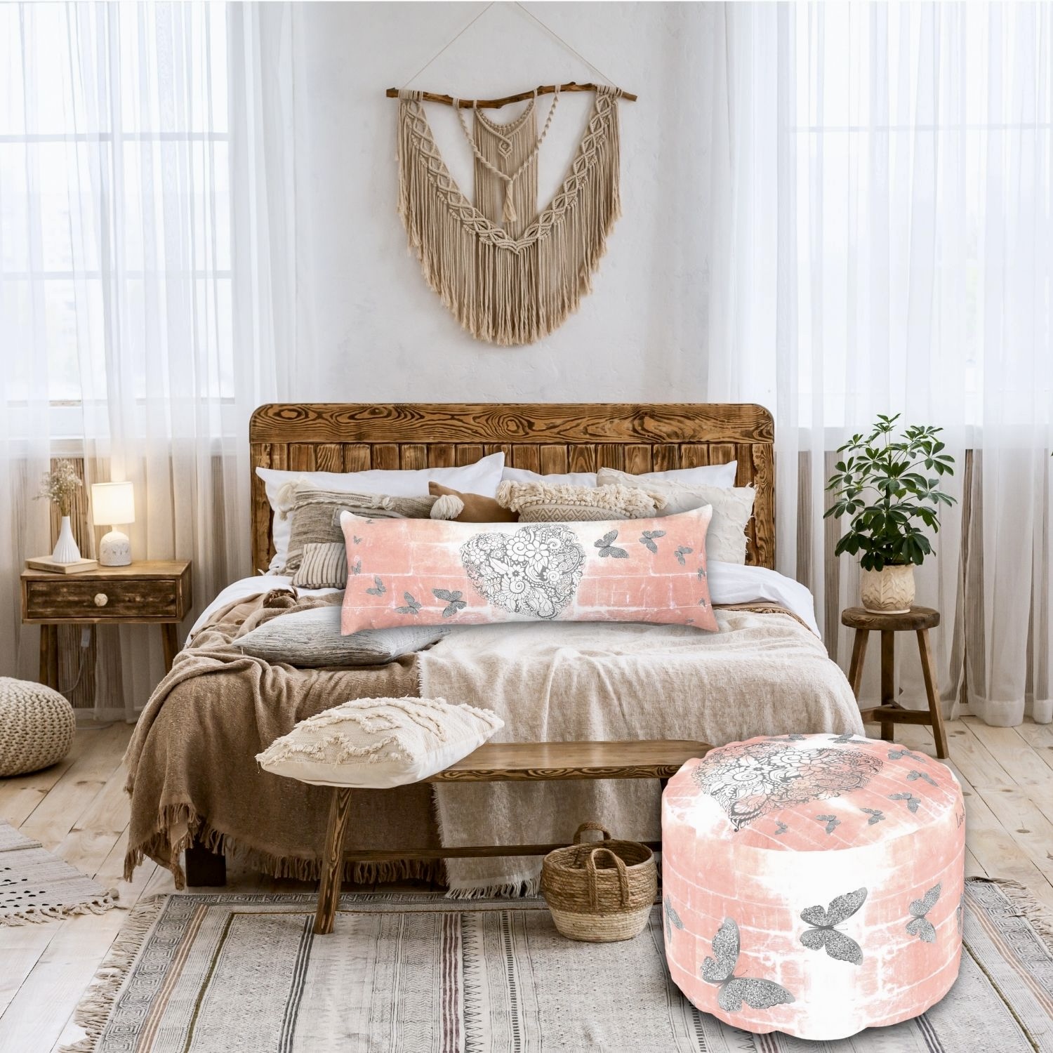A body pillow and pouf featuring matching rustic peach designs, with a gray heart surrounded by silver butterflies, in a boho-style bedroom ambiance.