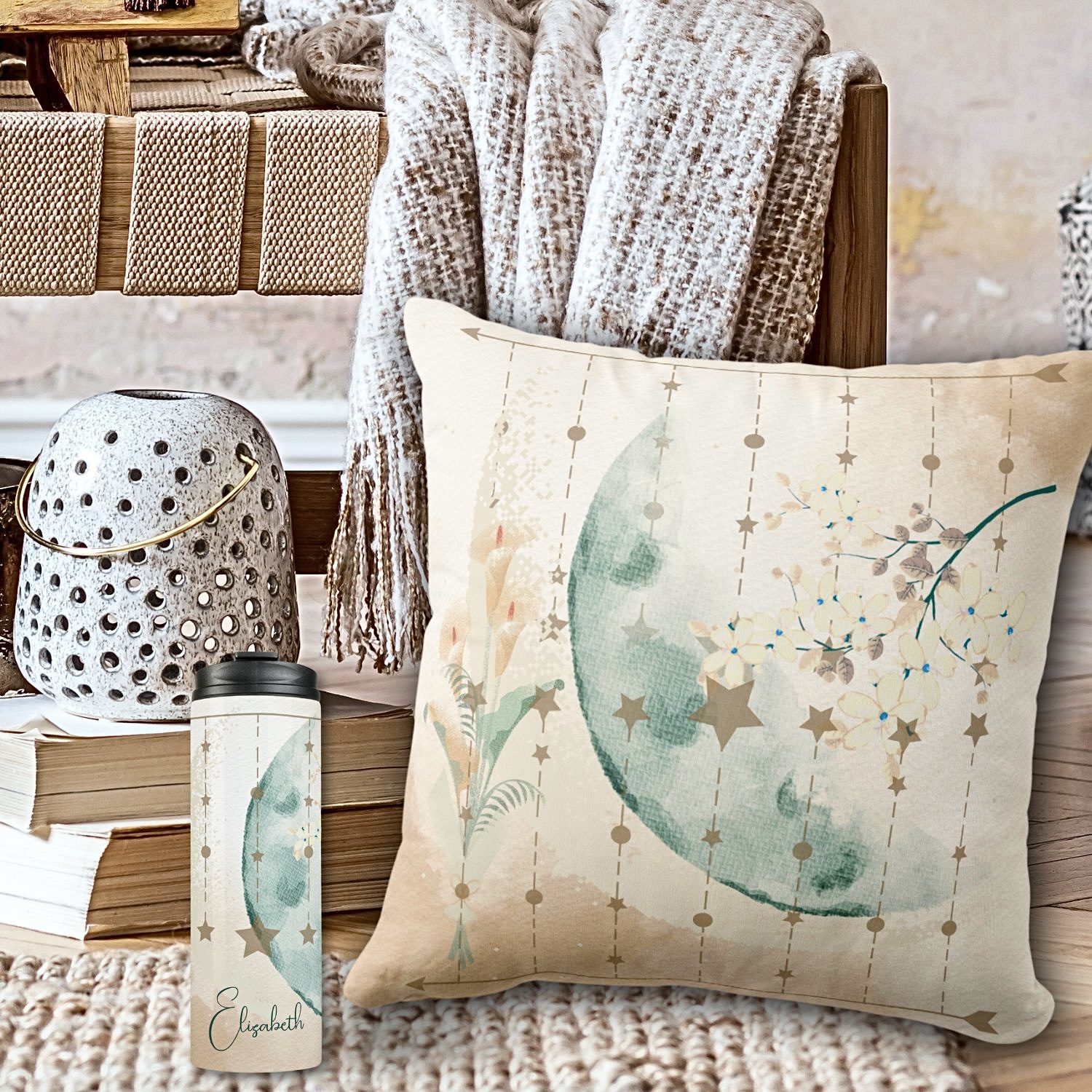 Tranquil Moonlit Flowers Thermal Tumbler and Throw Pillow: Earthy tones and delicate florals adorn these serene essentials.