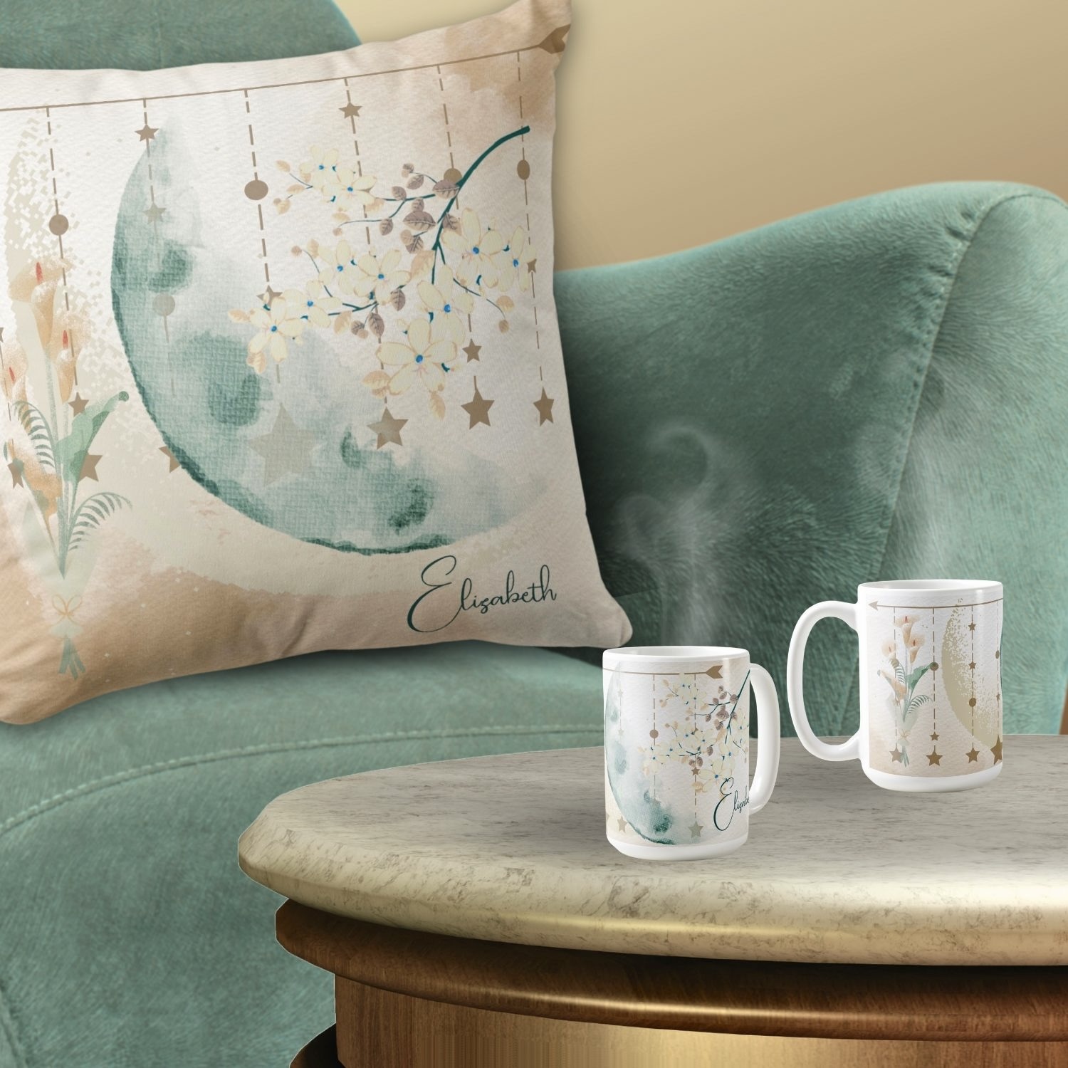 Experience tranquility with our Moonlit Flowers Decorative Mug and Pillow Set, beautifully placed on a cozy couch and center table.