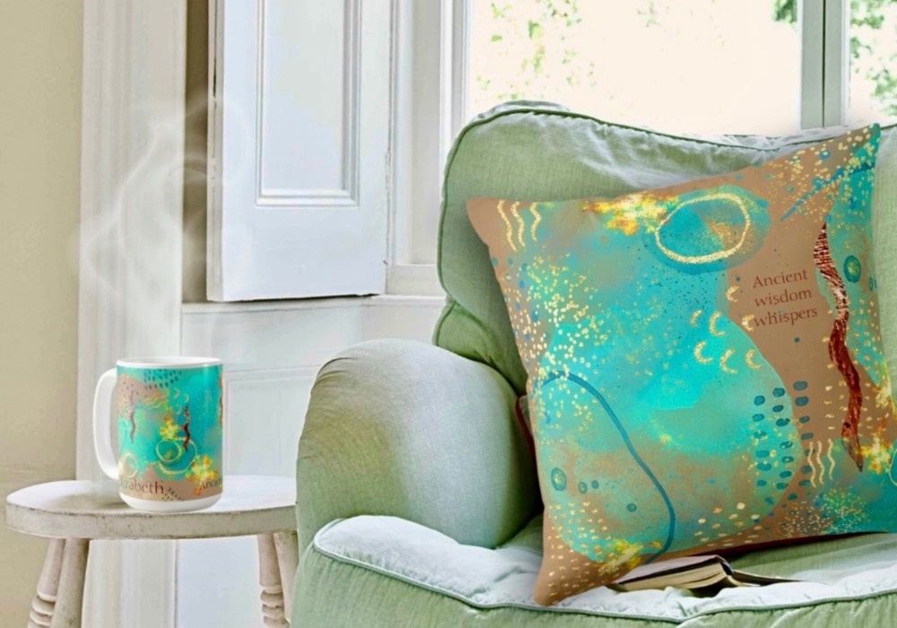 Turquoise Golden Ancient Wisdom Mug and Pillow: A serene sanctuary where tradition meets comfort.
