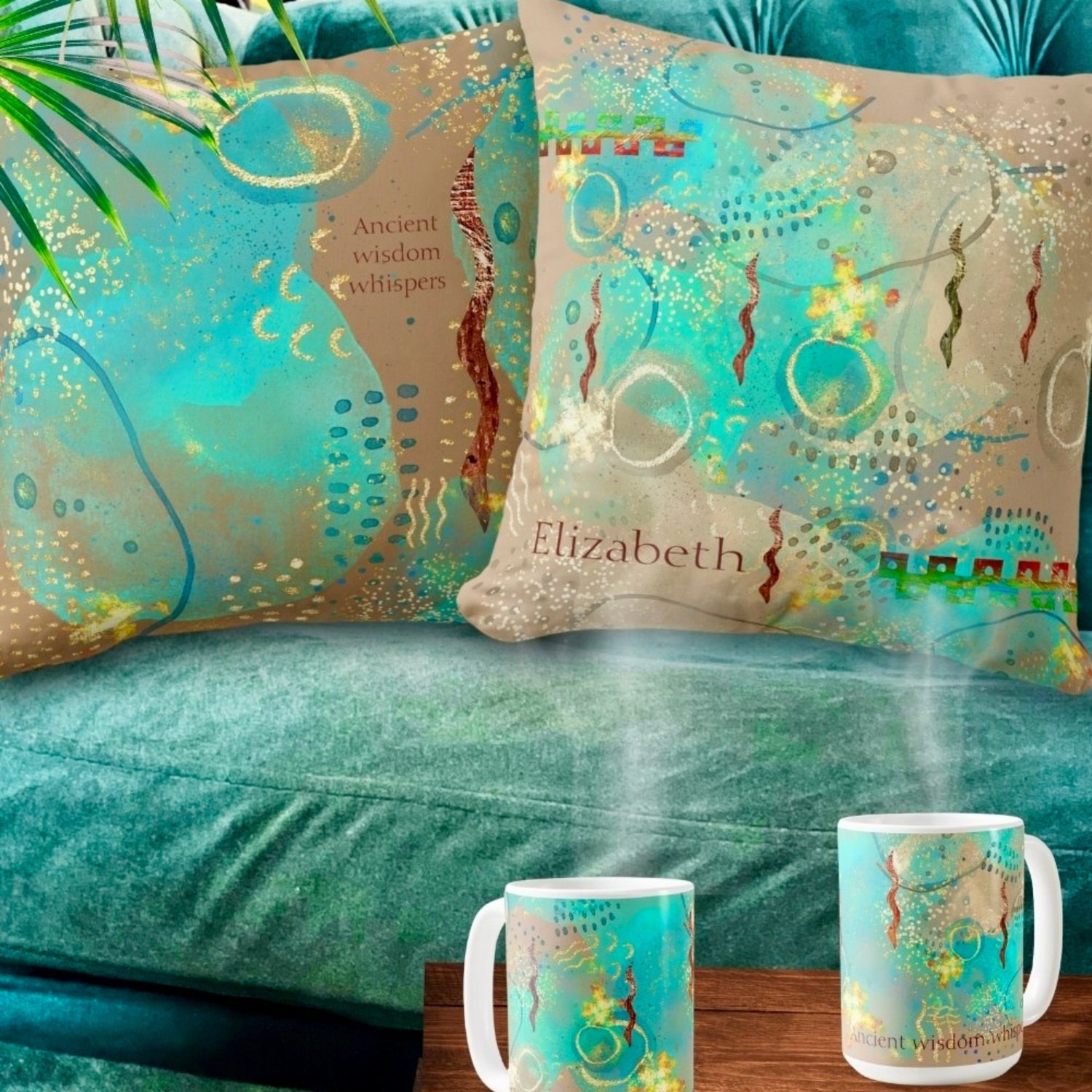 Indigenous-inspired Turquoise Golden Mug and Pillow: Transform your space into a haven of tranquility.