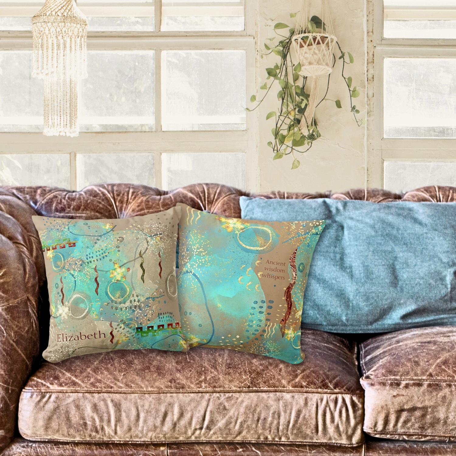 Turquoise Golden Throw Pillow: Experience the harmonious blend of ancient wisdom and modern comfort.