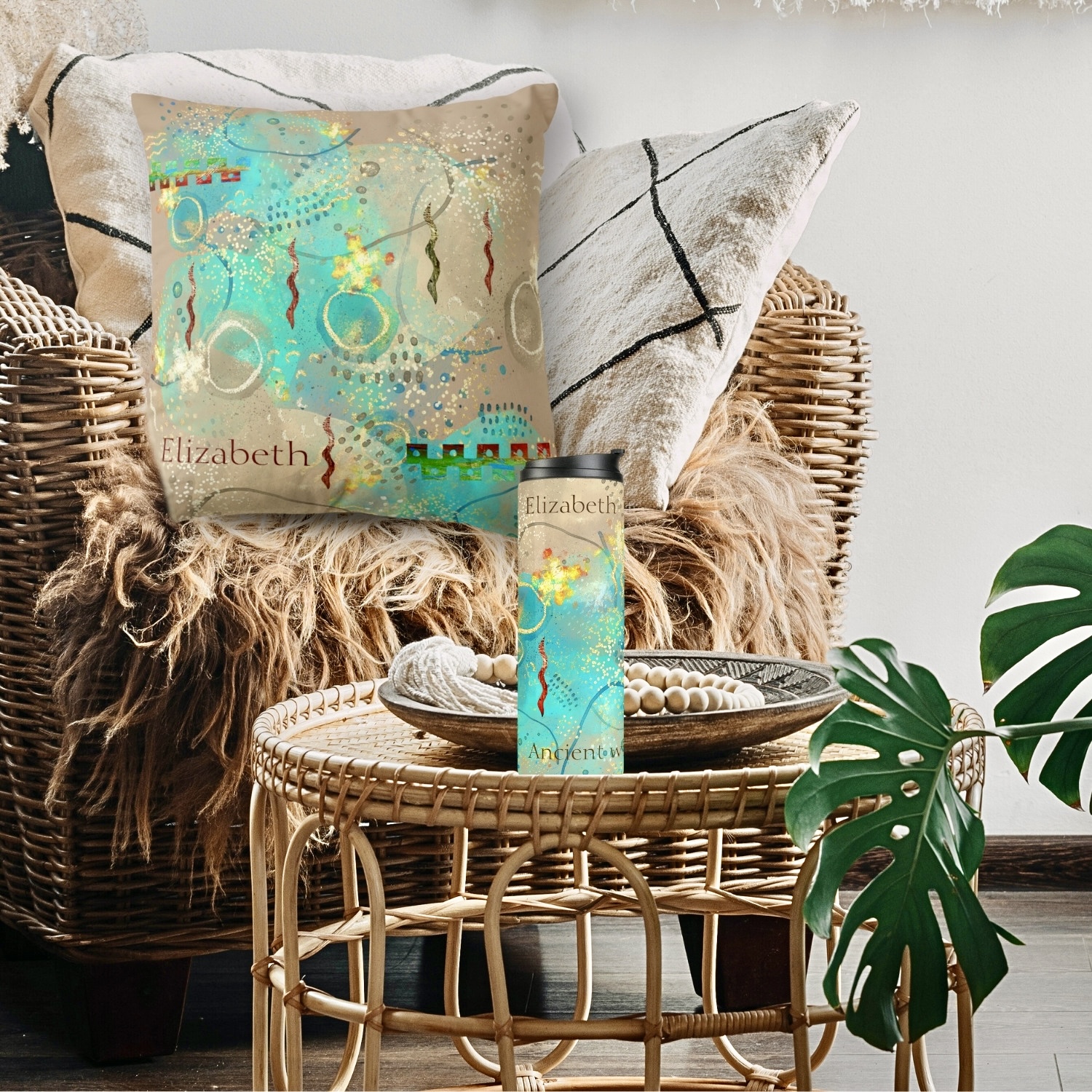 Turquoise And Golden Ancient Wisdom Thermal Tumbler and Throw Pillow: A stylish ensemble blending tradition and modern comfort.