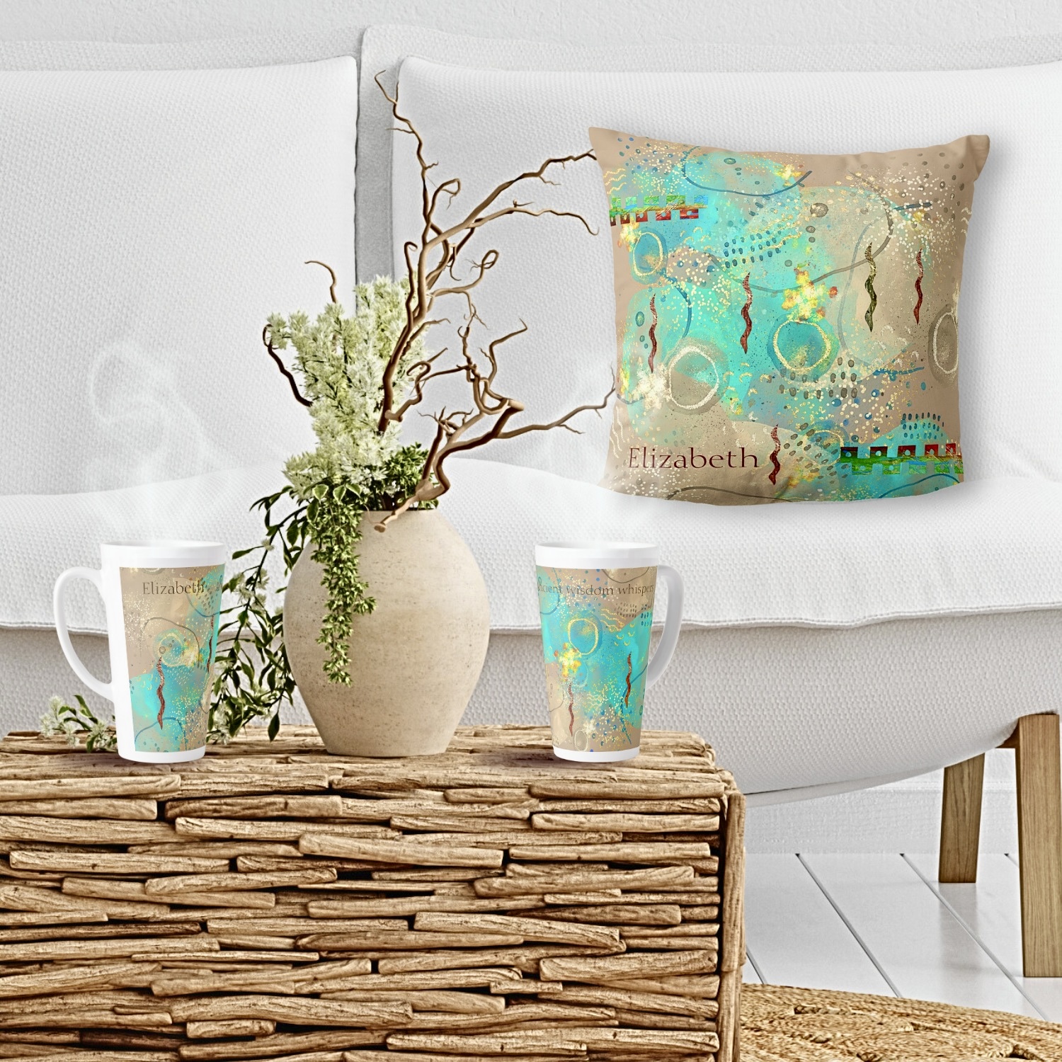 Turquoise Golden Ancient Wisdom Mug and Pillow: Your gateway to serenity amidst modern chaos.