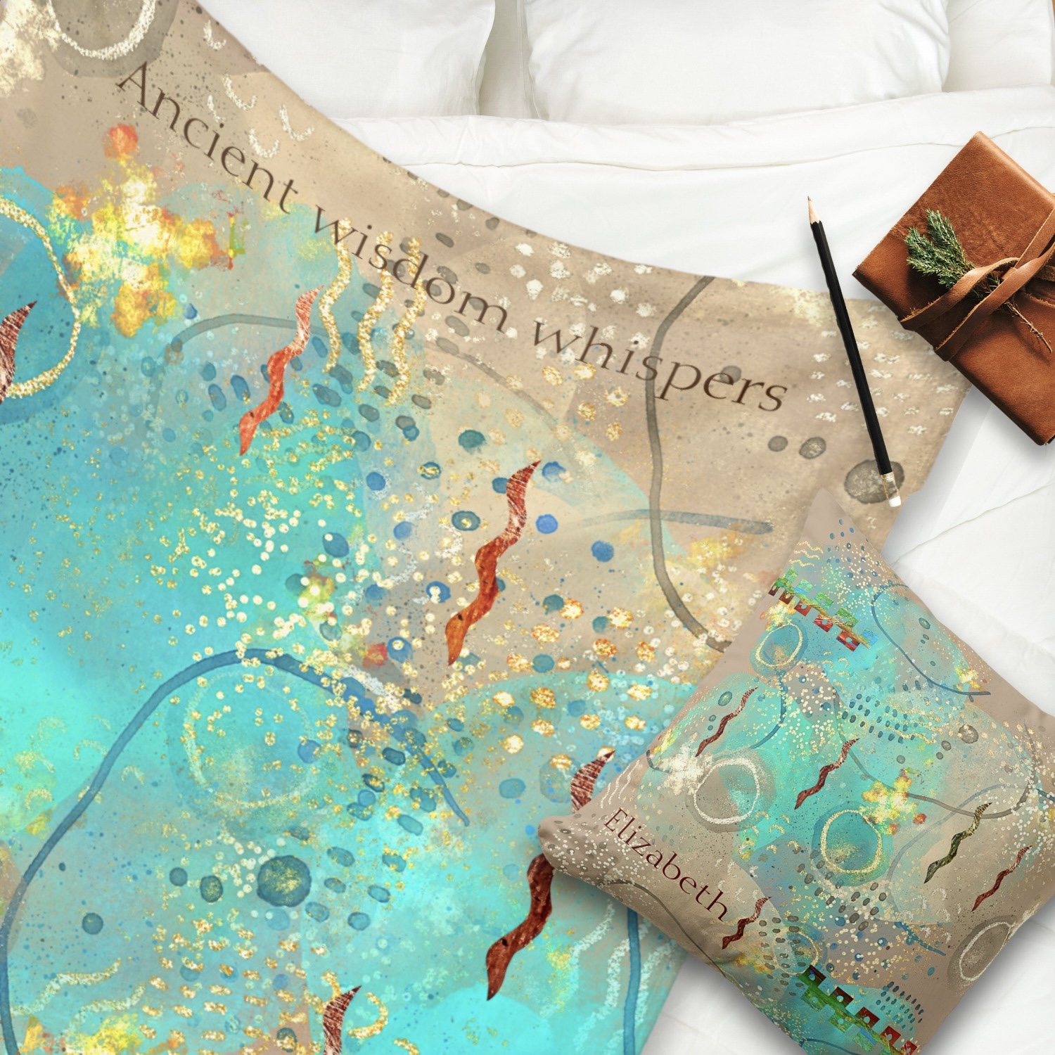 Indigenous-inspired Turquoise And Golden Fleece Blanket: Wrap yourself in comfort and tradition.