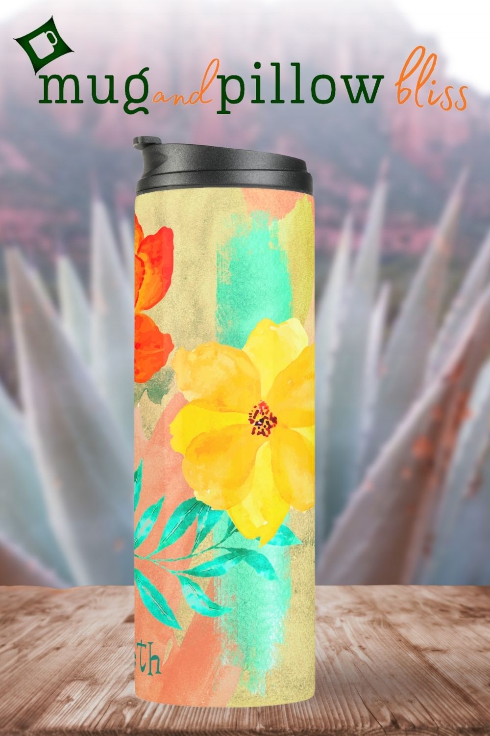 Fun collage thermal tumbler showcasing bright yellow and orange flowers with watercolor elements in turquoise, peach, and beige.