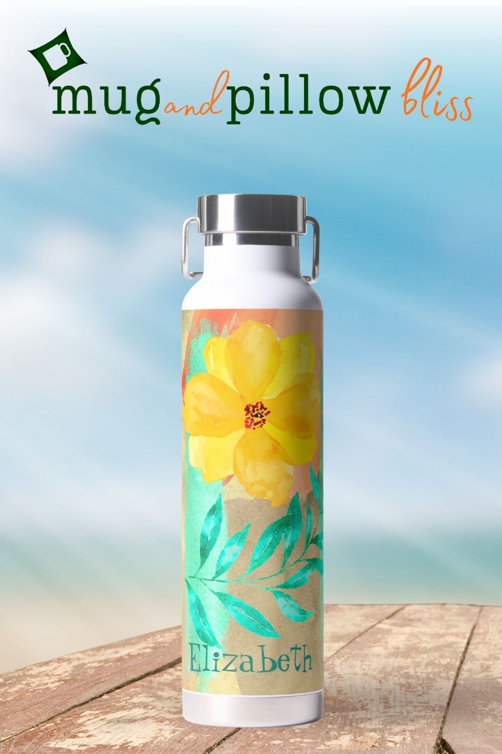 Water bottle featuring a bright orange and yellow flowers fun collage design with watercolor strokes in turquoise, peach, and beige.