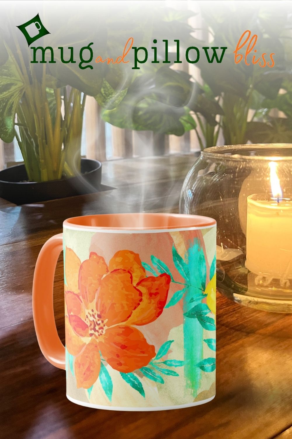 Mug featuring a bright orange and yellow flowers fun collage design with watercolor strokes in turquoise, peach, and beige.