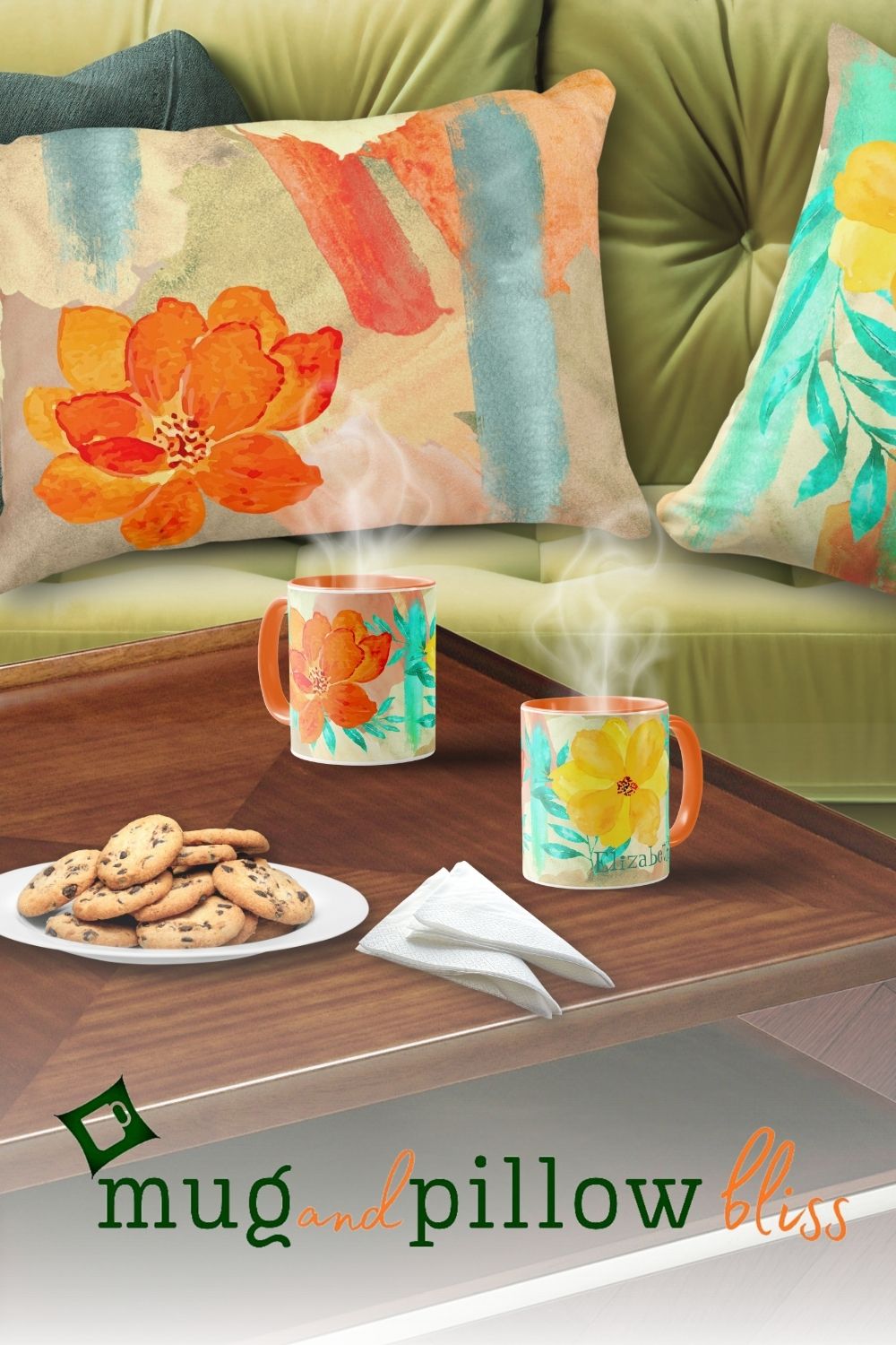 Pillow and mug set featuring a bright orange and yellow flowers fun collage design with watercolor strokes in turquoise, peach, and beige.