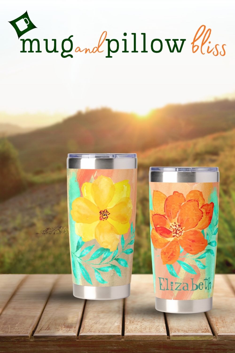 Insulated tumbler featuring a bright orange and yellow flowers fun collage design with watercolor strokes in turquoise, peach, and beige.