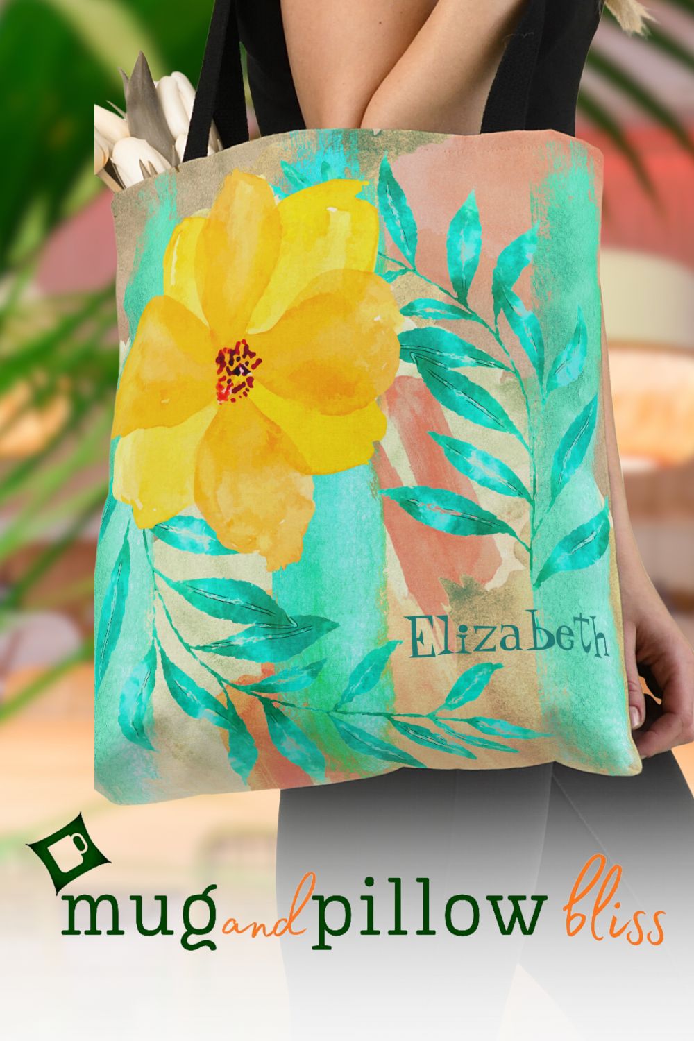 A tote bag with a whimsical collage of bright orange and yellow flowers, set against a background of turquoise, peach, and beige watercolor strokes, ideal for adding a burst of color to any ensemble.