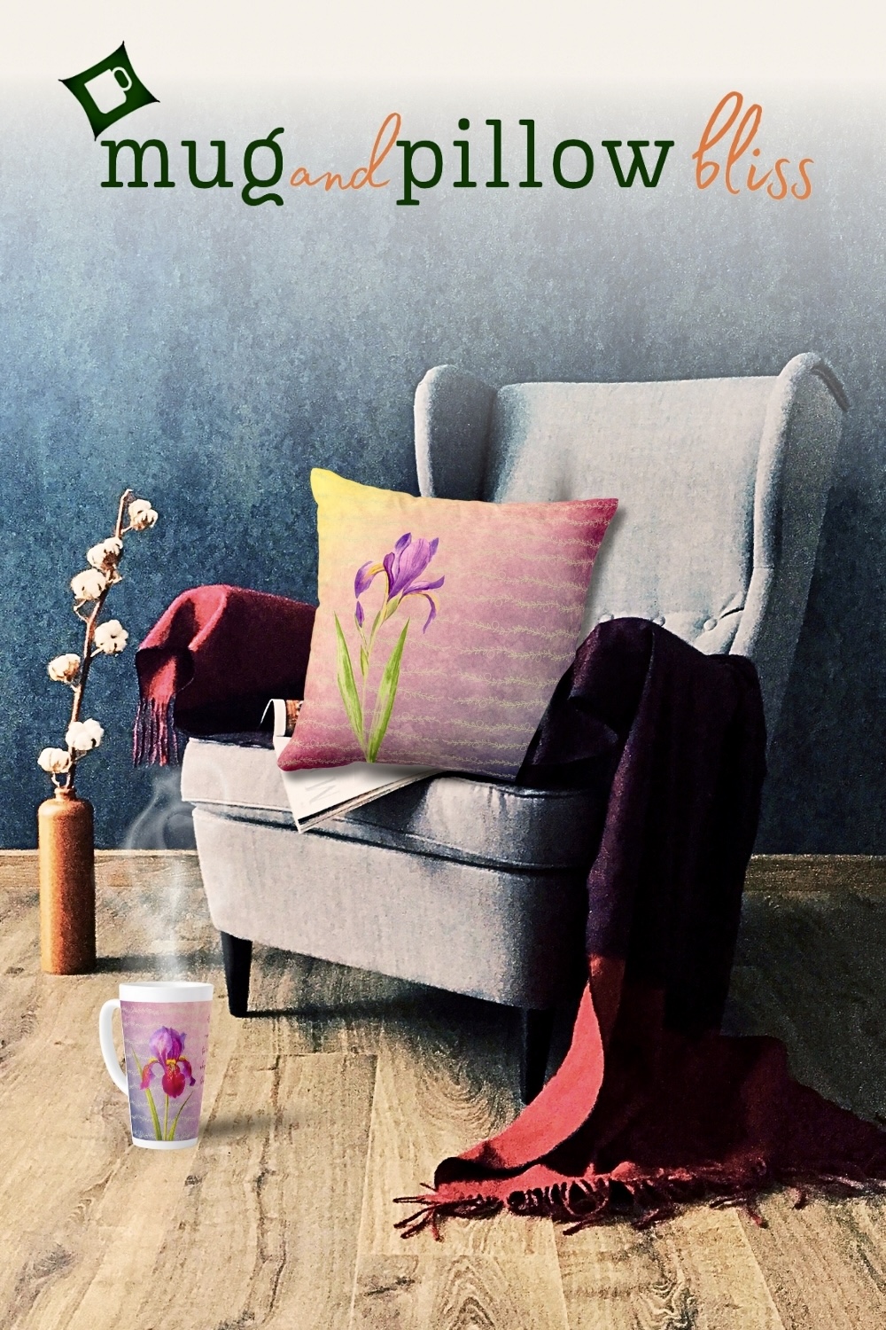 Cozy snug room featuring a violet floral pillow and a latte mug with the same design, creating a harmonious and inviting atmosphere.