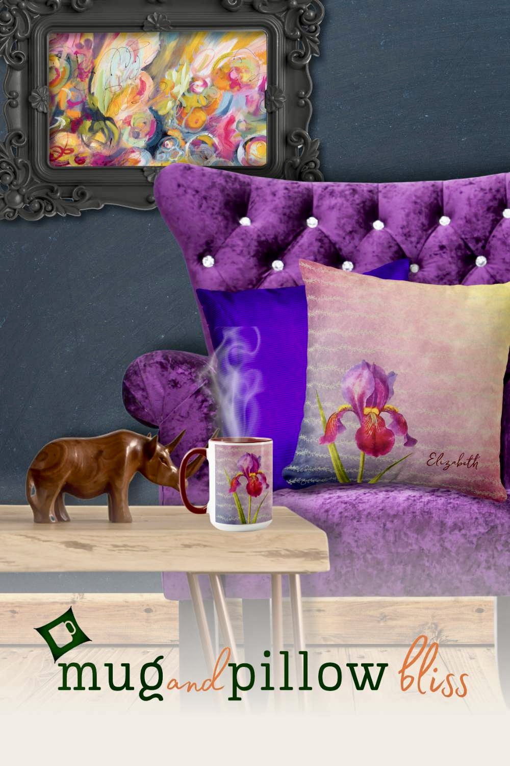 Eclectic snug room featuring a violet pillow and a mug, creating a cozy and inviting atmosphere.