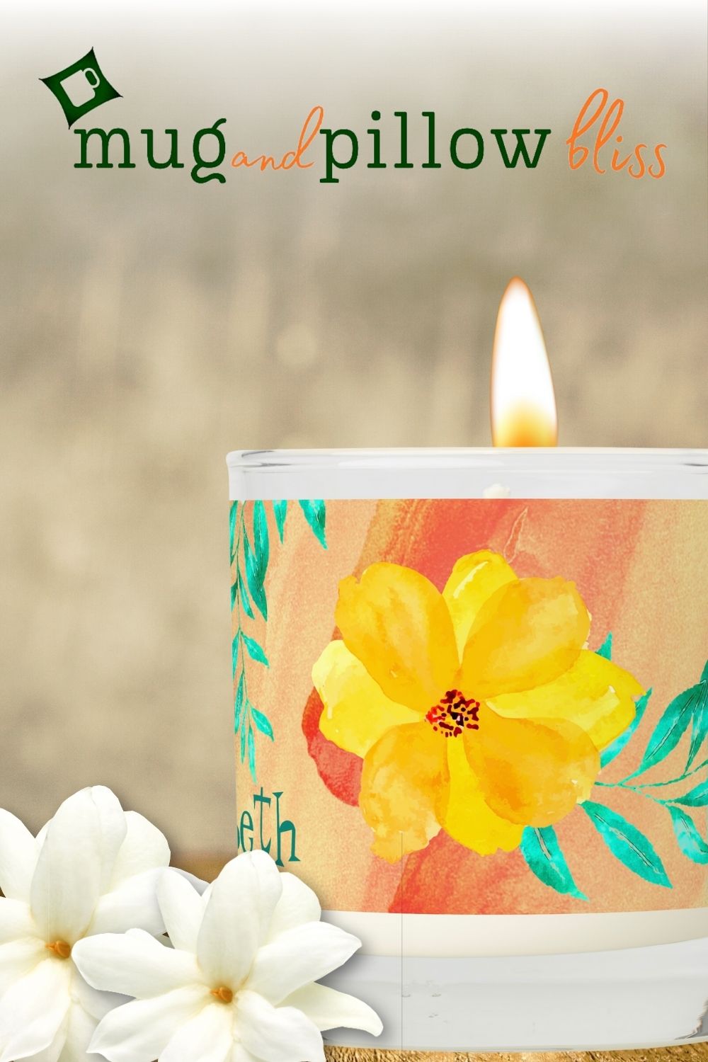 A scented candle in a glass jar featuring a vibrant collage design of bright orange and yellow flowers, perfect for adding a pop of color and fragrance to any space.