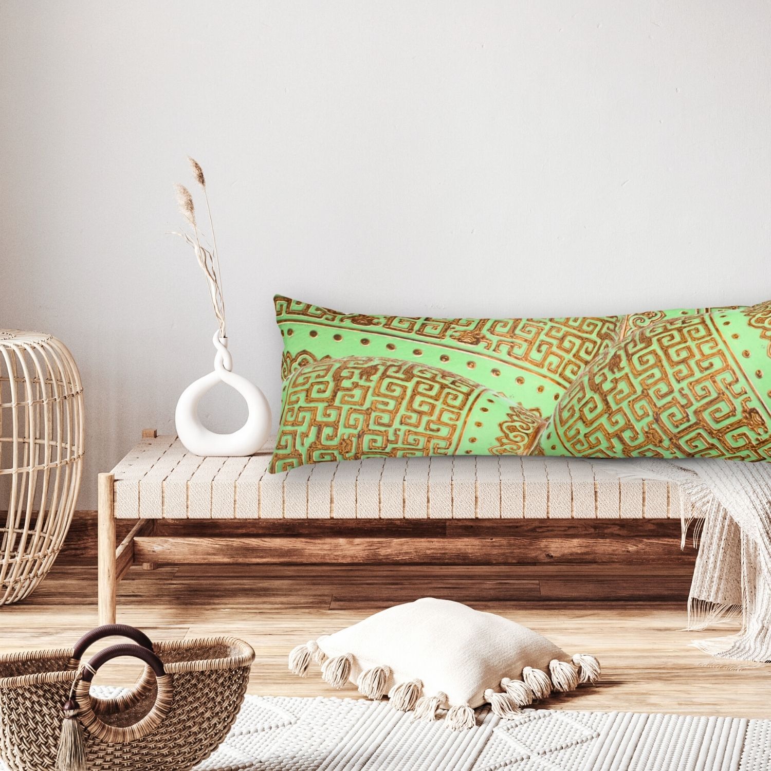 **ALT Text:**
A vintage double-sided body pillow featuring mint and gold pillows with green mint and gold vintage patterns, displayed in an earthy-toned living room. The intricate designs and elegant color combination add sophistication and charm to the cozy space.