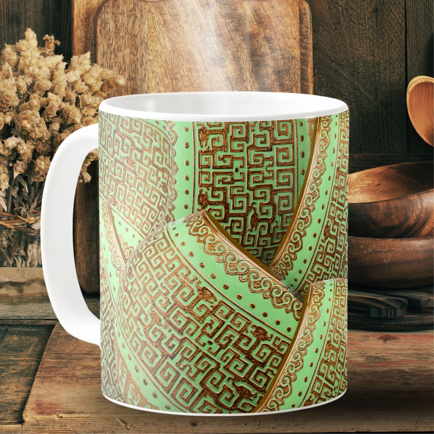 **ALT Text:**
A mug featuring intricate green mint and gold vintage patterns, adding a touch of elegance and sophistication to your daily coffee or tea ritual.