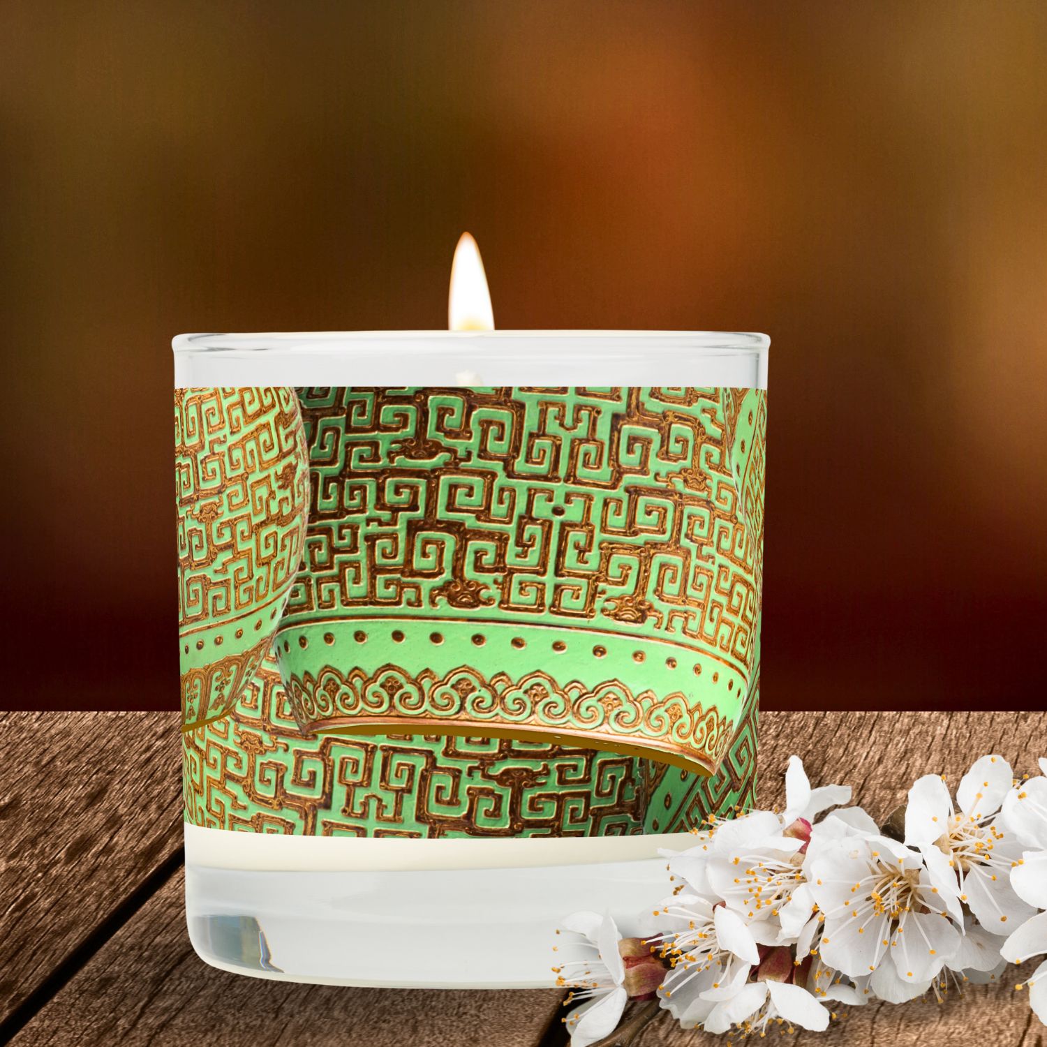 **ALT Text:**
A vintage scented candle featuring intricate green mint and gold vintage patterns, adding an elegant touch to any space.