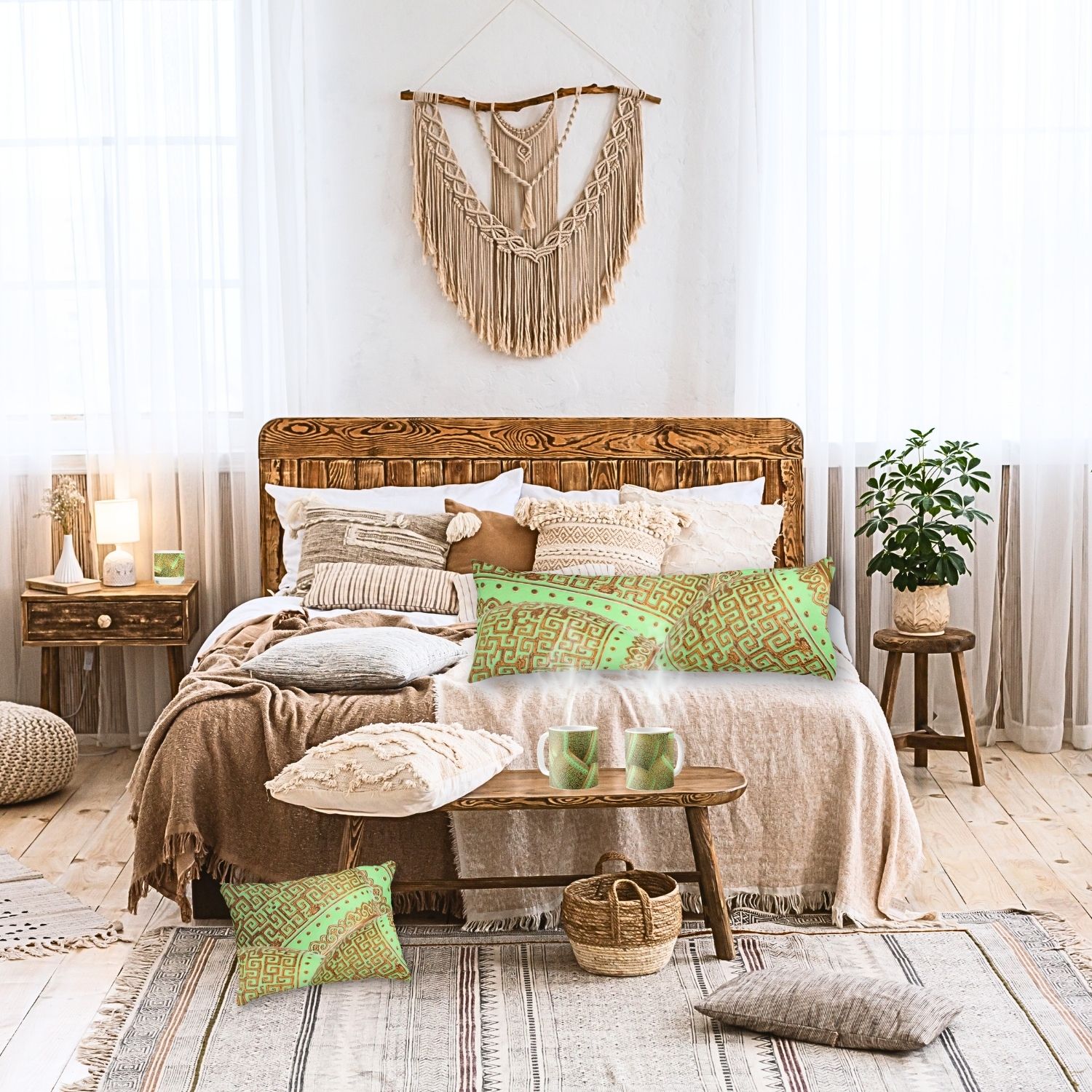 In a rustic bedroom setting, a vintage body pillow rests atop the bed, while a double-sided lumbar pillow lies on the floor. Both pillows feature mint and gold pillows with intricate green mint and gold vintage patterns. Nearby, two mugs sit on an end table, and a delicate scented candle on a side table, all adorned with the same elegant design. The cohesive decor creates a harmonious and inviting ambiance in the cozy space.