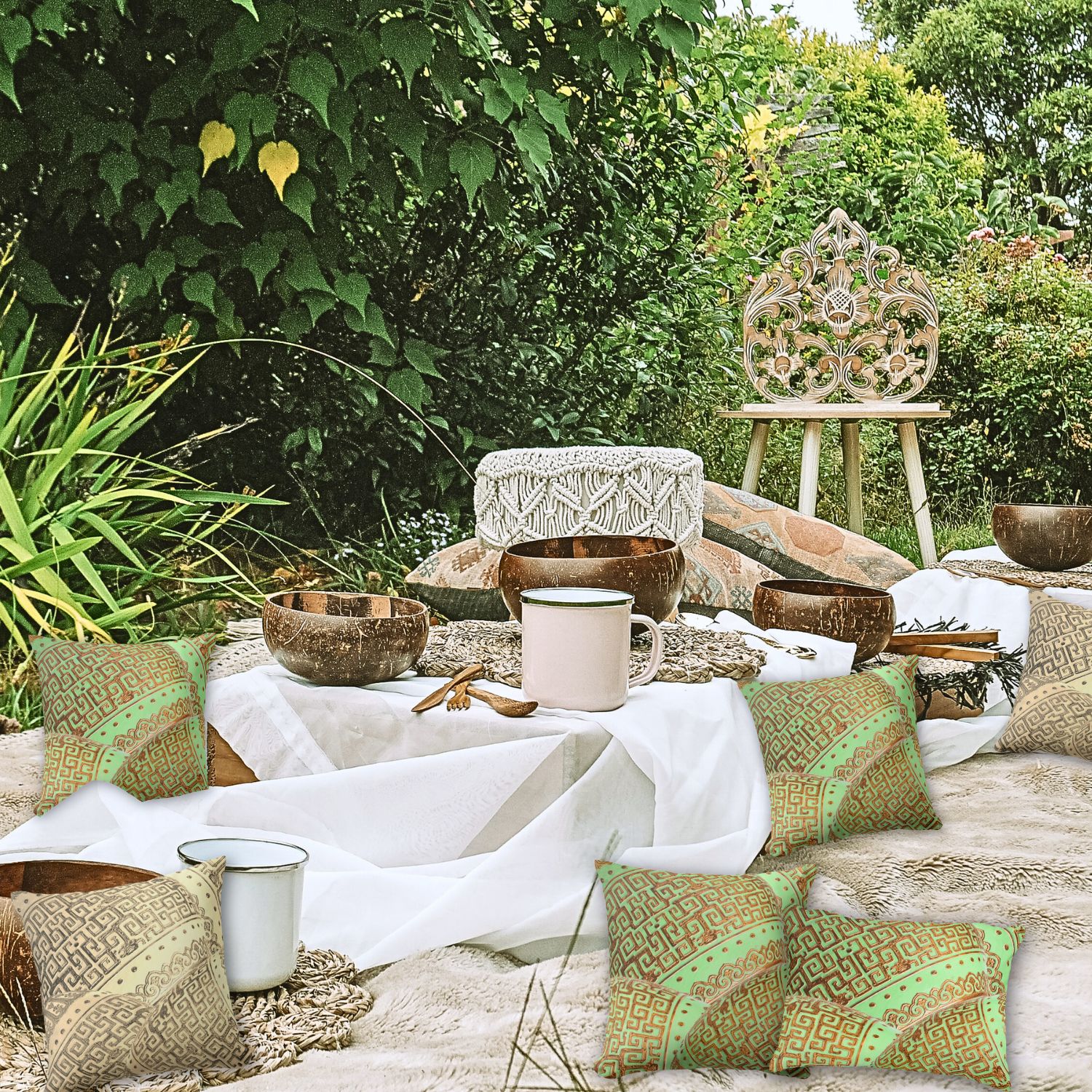 **ALT Text:**
Landscape picture of a dreamy garden featuring vintage double-sided throw pillows and lumbar pillows. The pillows showcase mint and gold pillows with intricate green mint and gold vintage patterns, adding a touch of elegance and sophistication to the serene outdoor setting.