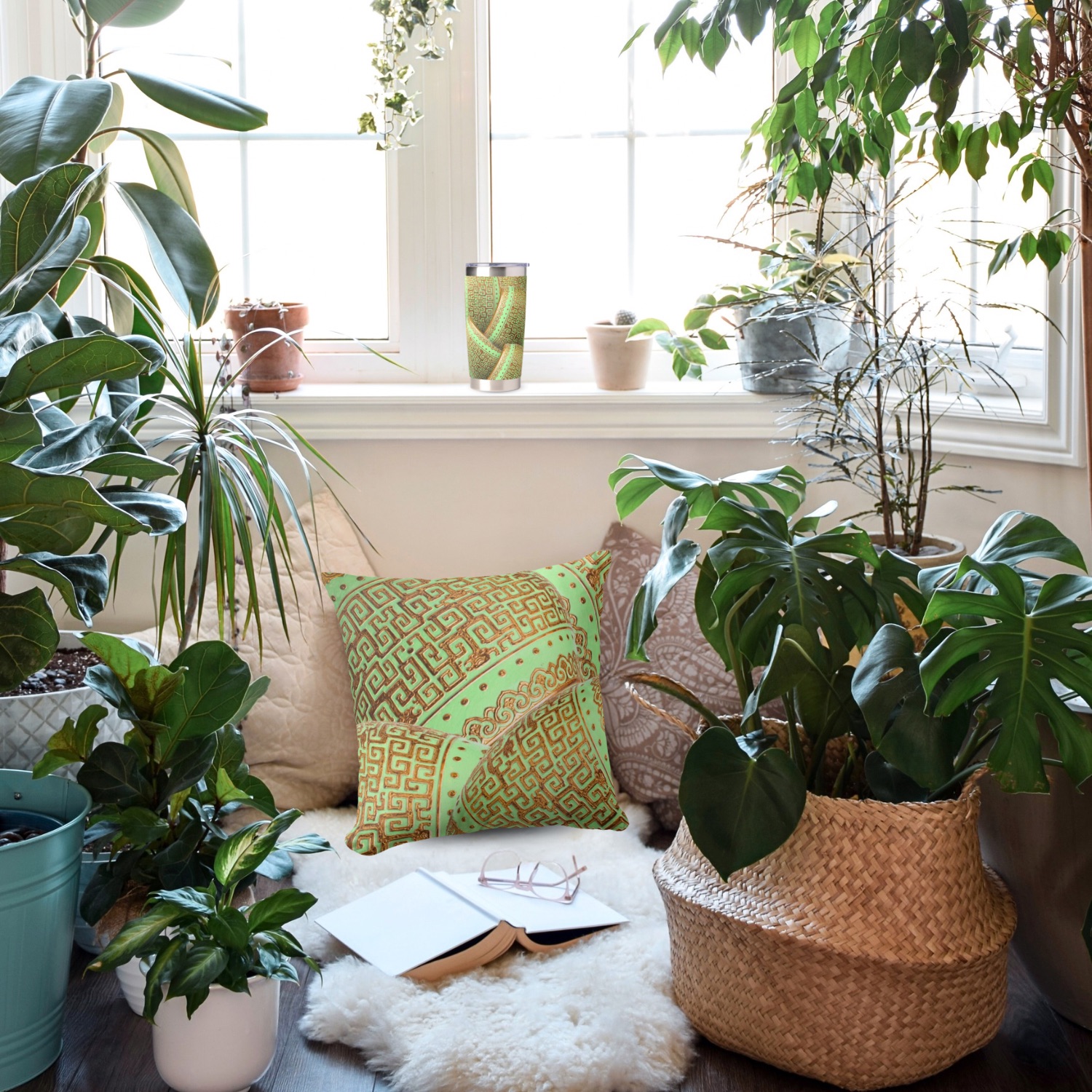 A cozy reading nook adorned with a vintage double-sided throw pillows featuring green mint and gold vintage patterns. An insulated tumbler with same intricate green and gold design, sits by the window, adding to the comfort of the inviting space.